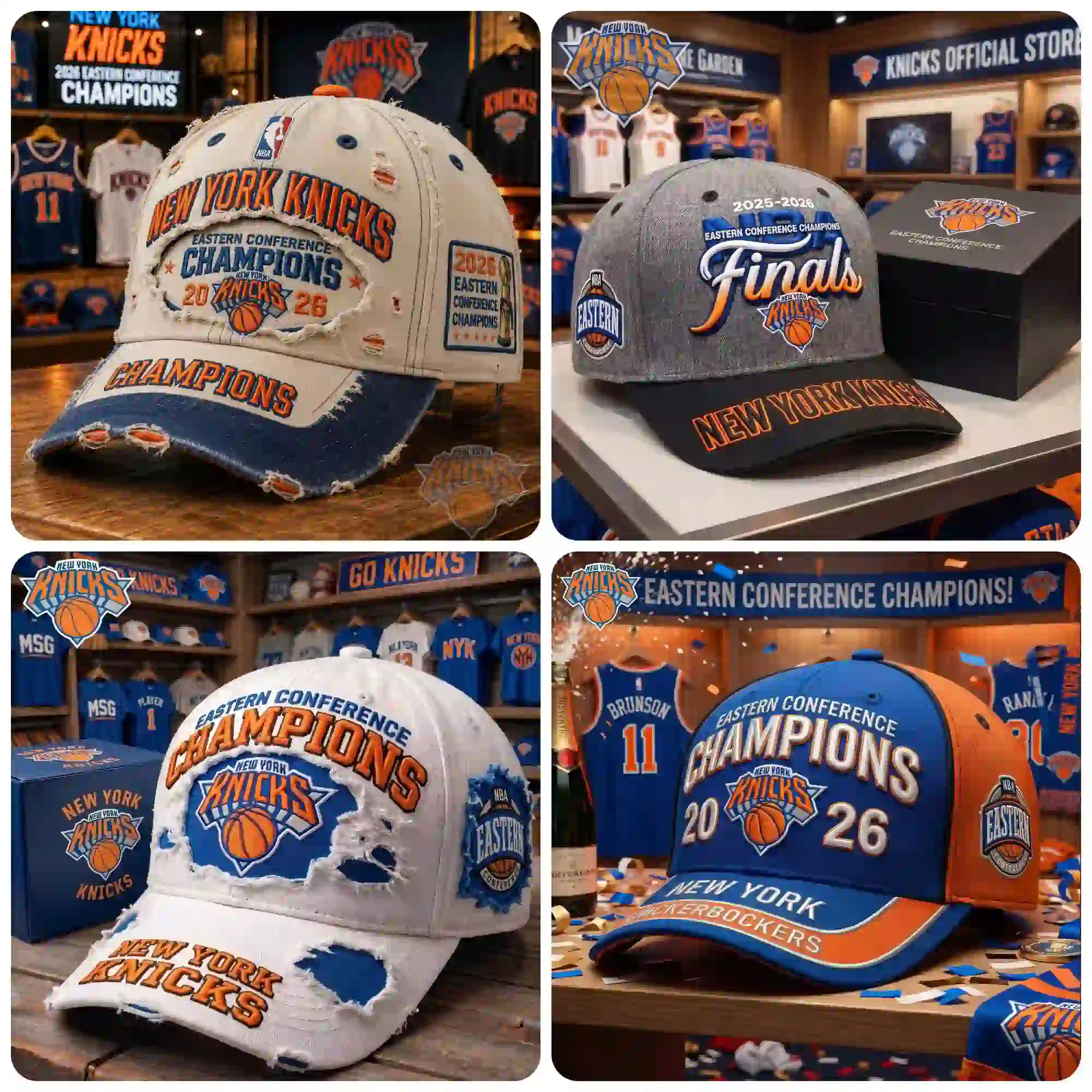A collage showing four unique New York Knicks Eastern Conference Champions hats displayed in a retail environment.