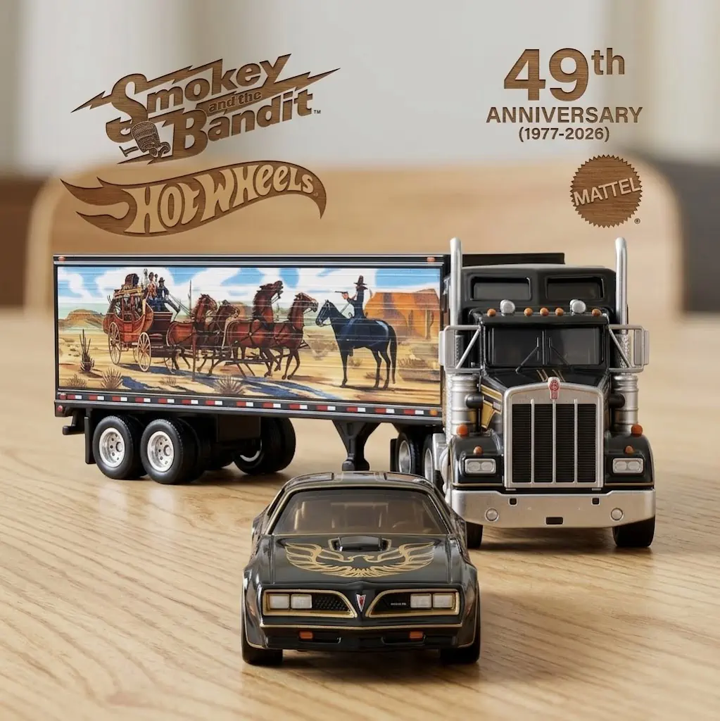 Smokey and the Bandit anniversary toy truck and black classic car display on wooden table by Shicloth!