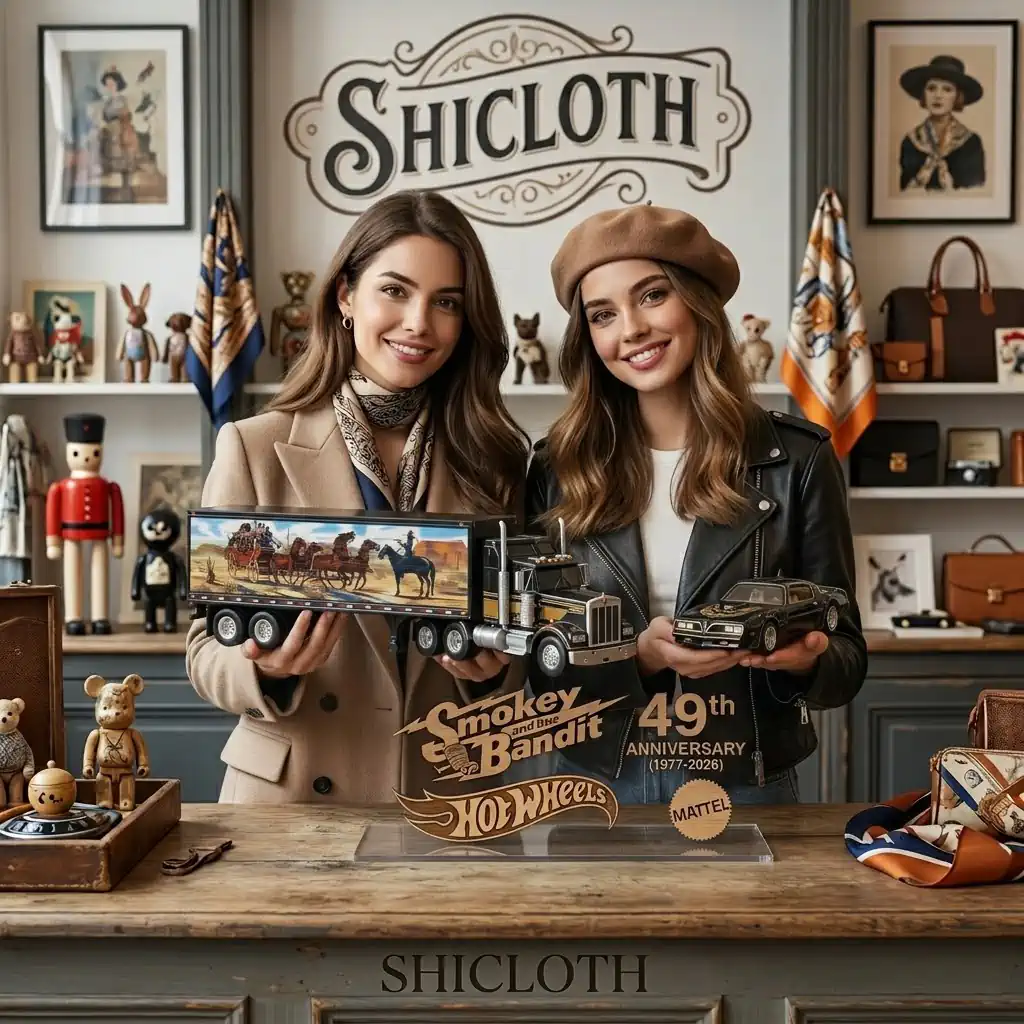 Two women holding Smokey and the Bandit anniversary truck and classic car collectibles at Shicloth store!