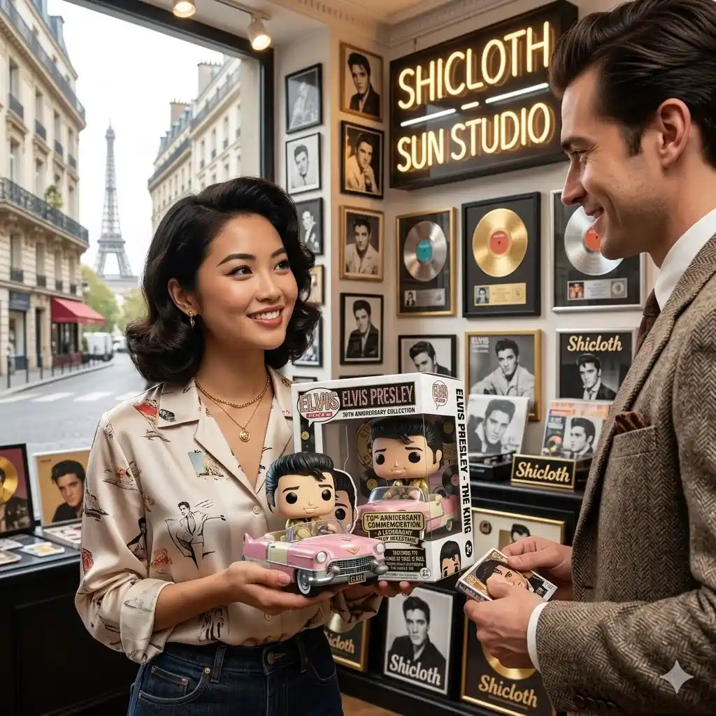 Customer holding Elvis Presley pink Cadillac collectible set at Shicloth!