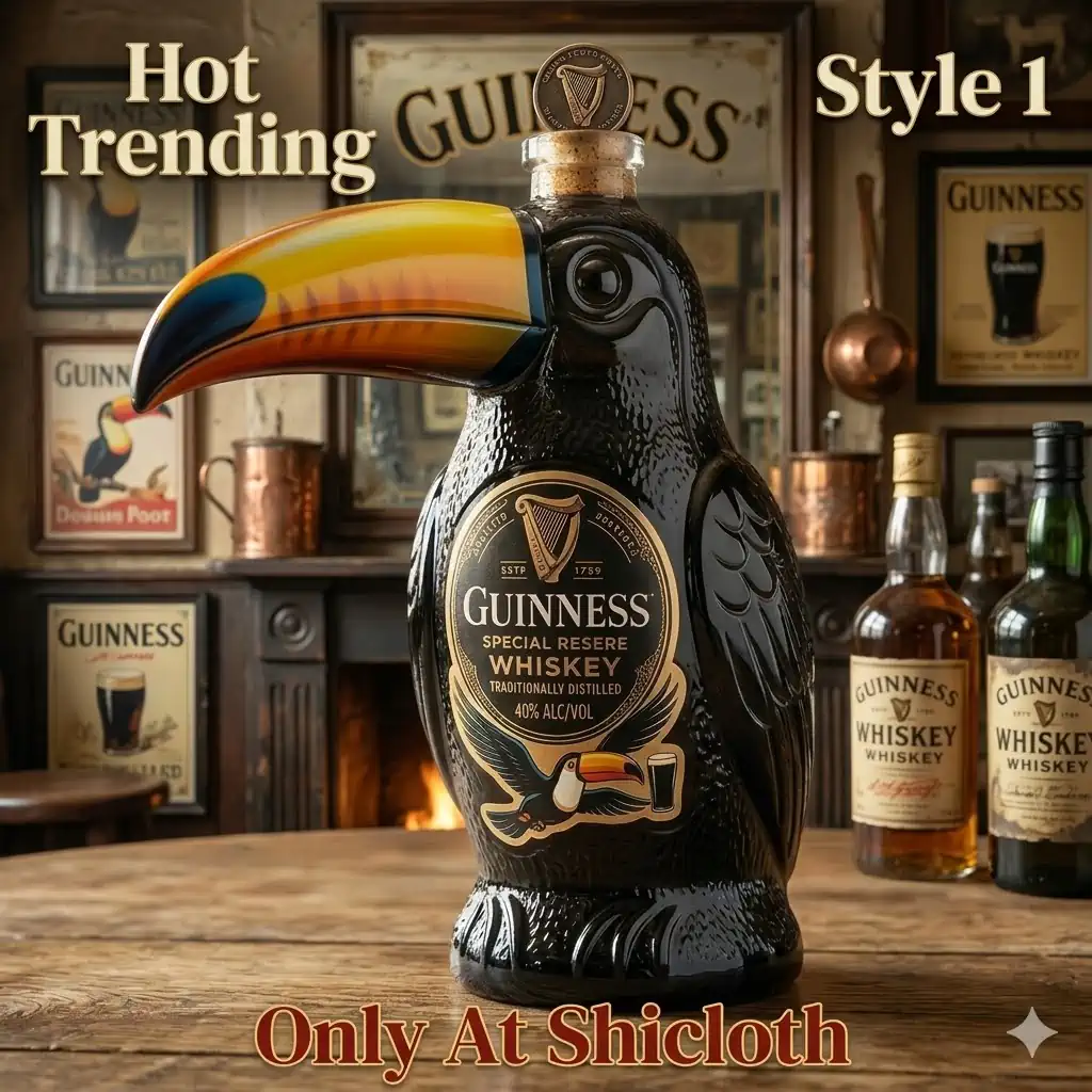 Black Guinness toucan whiskey bottle with colorful beak in vintage pub!