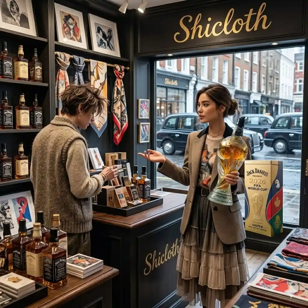 Shicloth boutique display with FIFA World Cup whisky bottle and luxury fashion accessories!