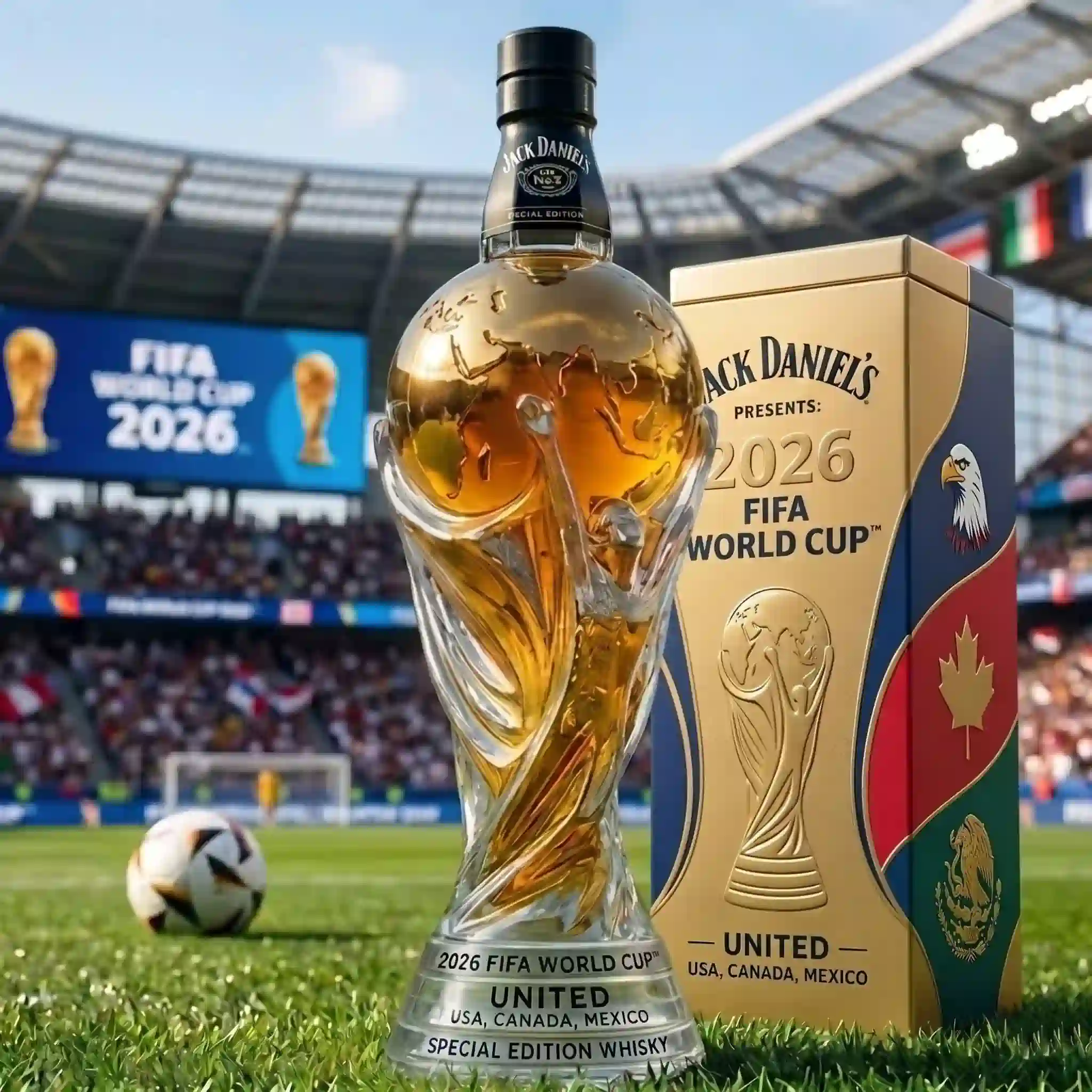 FIFA World Cup special edition whisky bottle displayed beside luxury collector packaging in a football stadium!