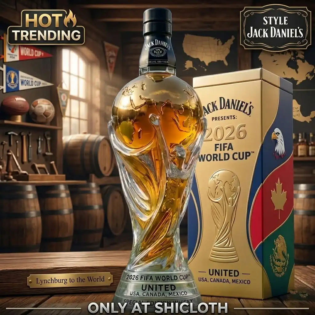 Jack Daniels style World Cup 2026 whisky bottle beside collector box at Shicloth!