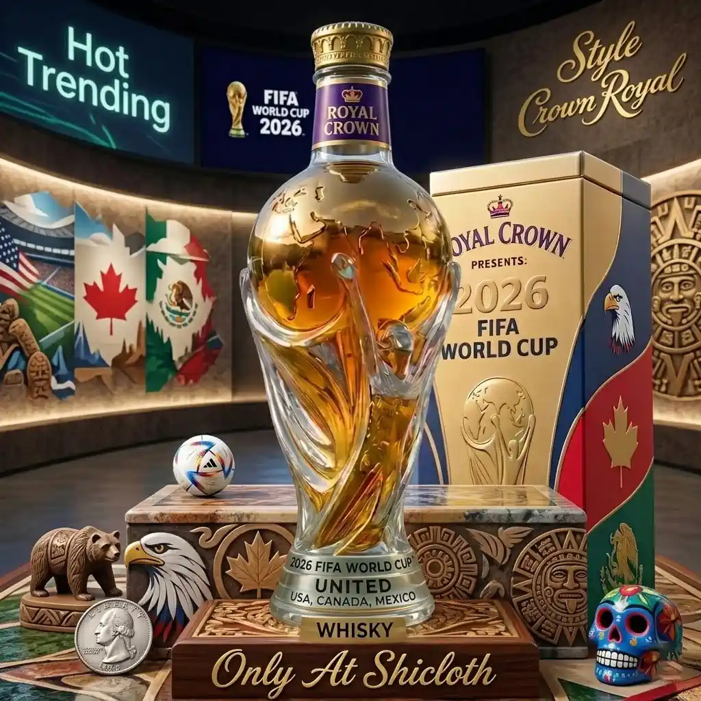 Crown Royal style World Cup 2026 whisky bottle with collector box at Shicloth!
