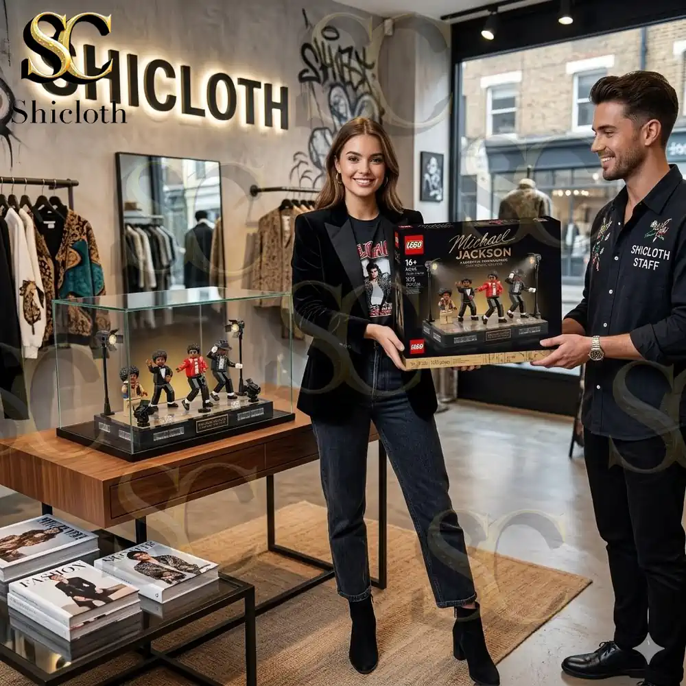 Store display with staff presenting Michael Jackson stage building set