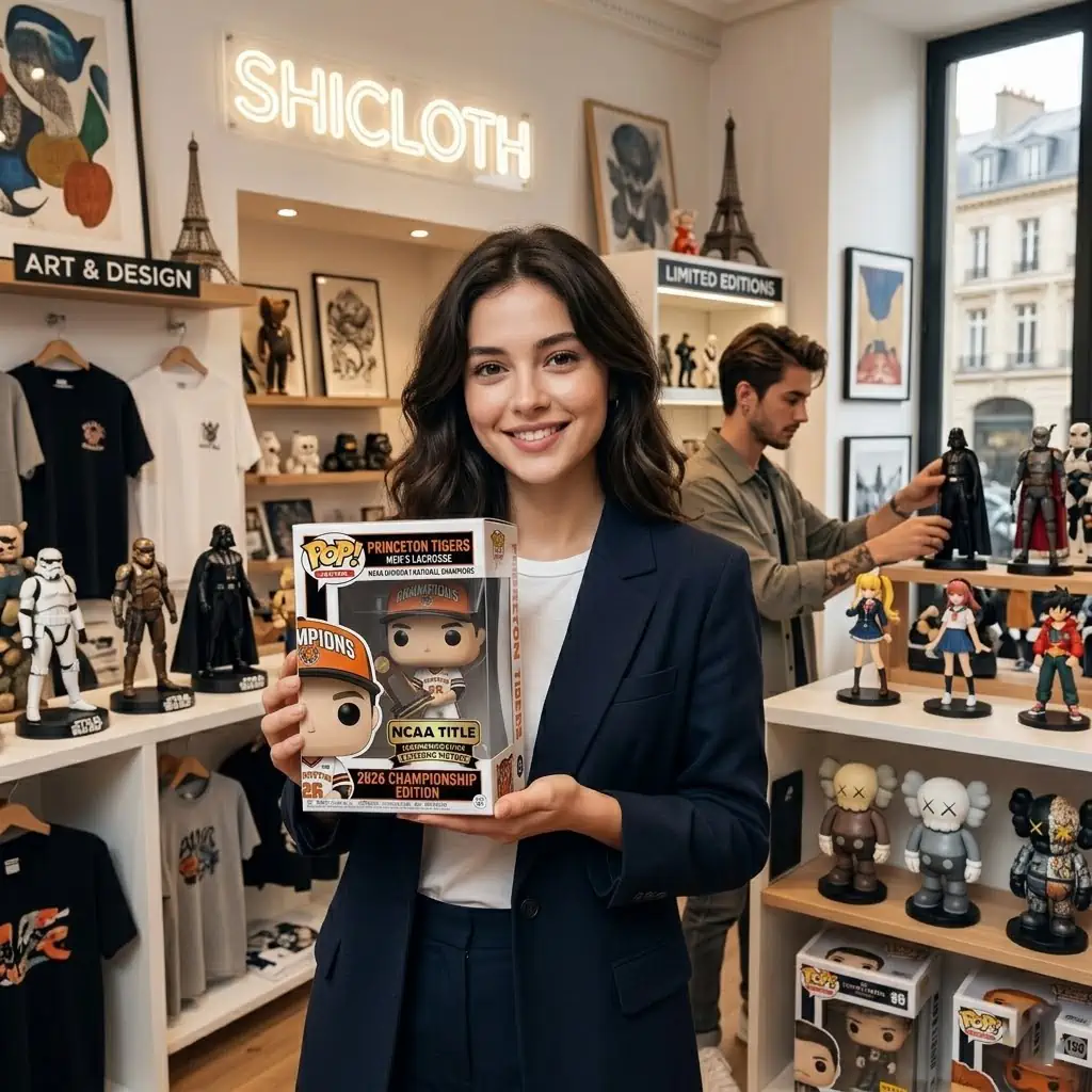 A woman holding a Princeton Tigers championship collectible figure in a retail store.