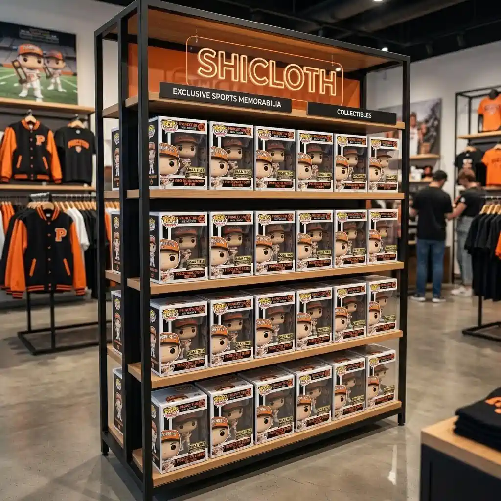 Retail display shelving featuring SHICLOTH branded sports memorabilia and character figurines.