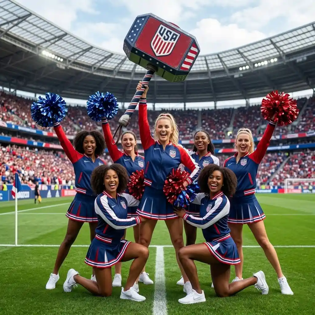 Cheerleaders holding a USA themed hammer with red white and blue colors on a soccer field.