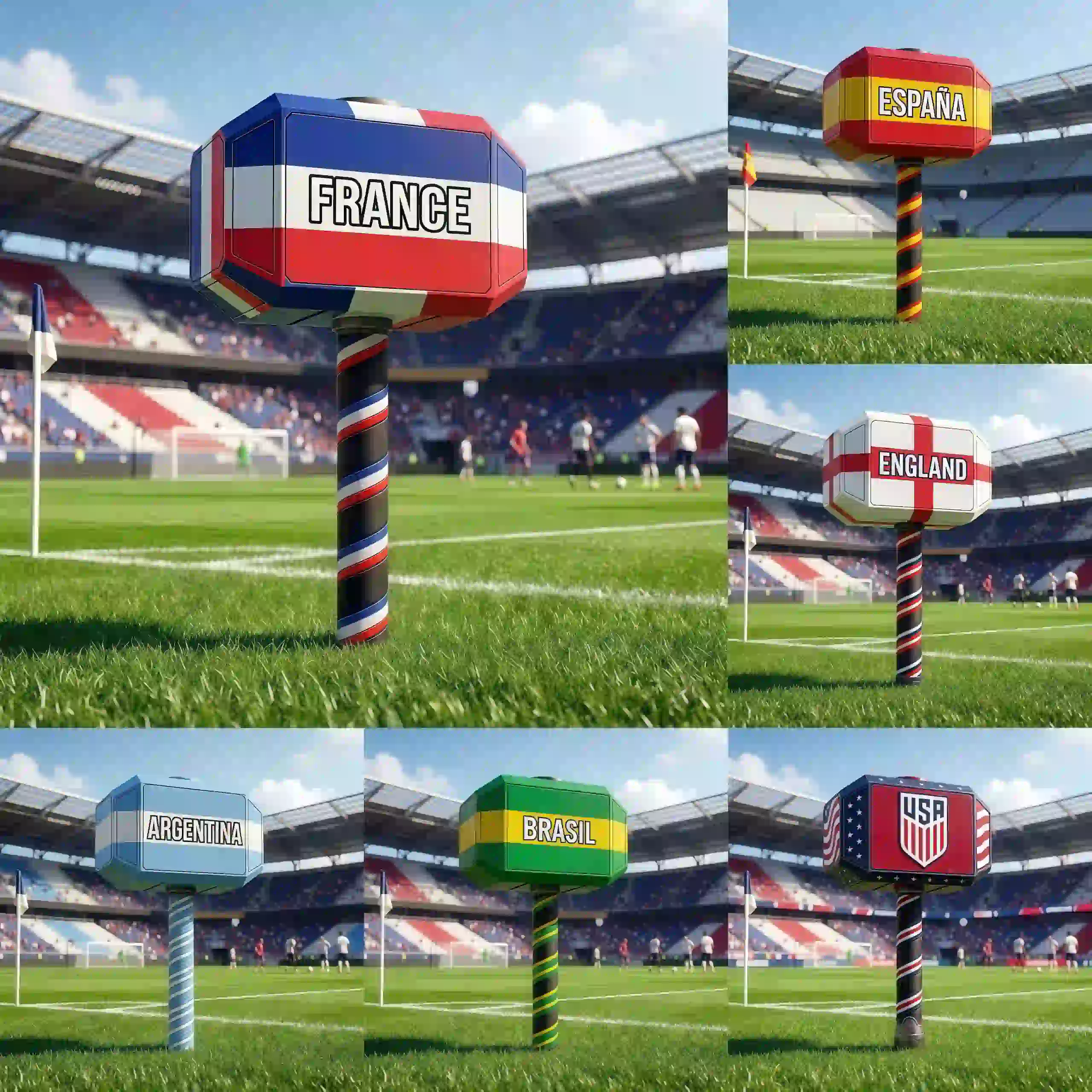 A France themed cheer hammer with blue white and red colors on a soccer field.