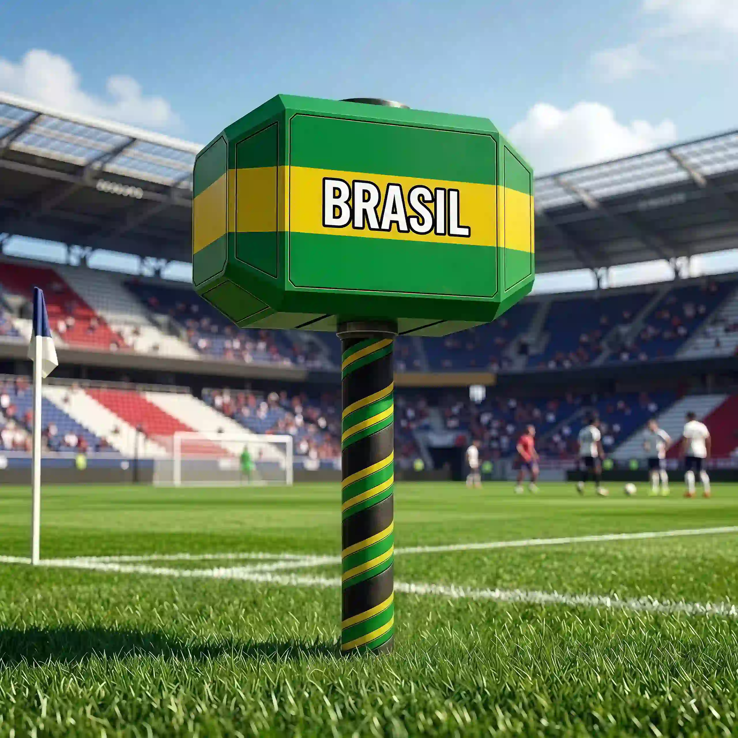 2026 World Cup National Hammer Cheer Loud for the Country You Suppor 3 A Brazil themed cheer hammer with green and yellow colors on a soccer field.