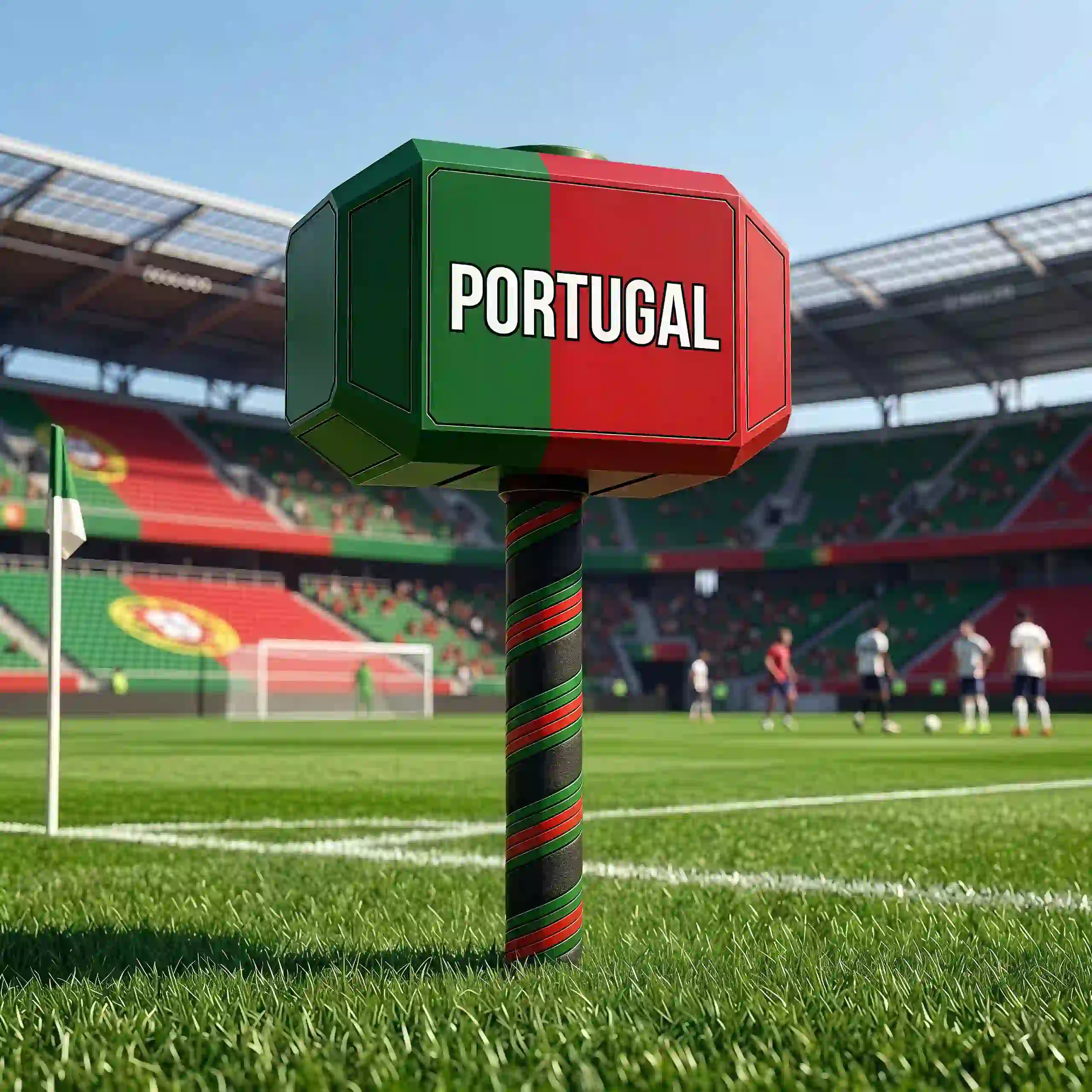 2026 World Cup National Hammer Cheer Loud for the Country You Suppor 4 A Portugal themed cheer hammer with green and red colors on a soccer field.