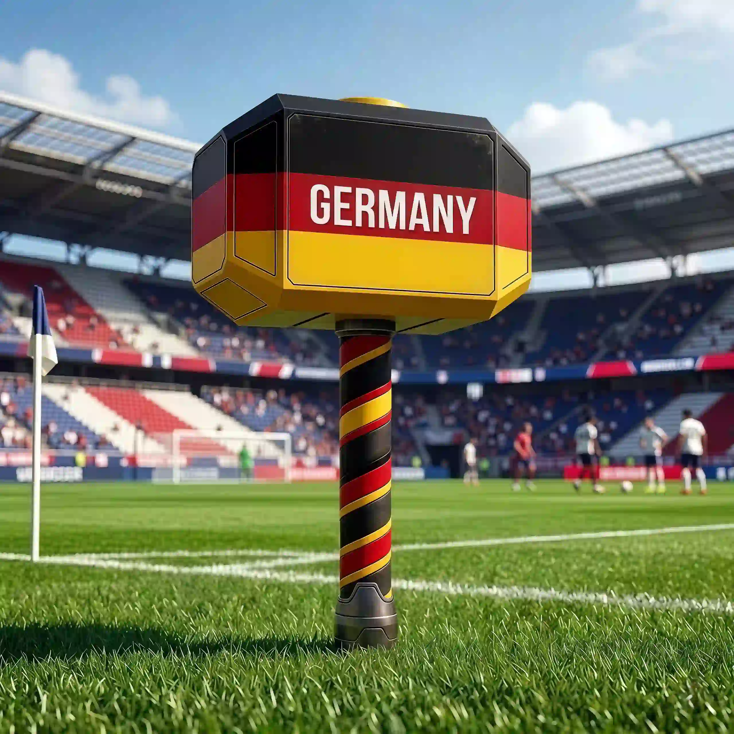 2026 World Cup National Hammer Cheer Loud for the Country You Suppor 5 A Germany themed cheer hammer with black red and yellow colors on a soccer field.