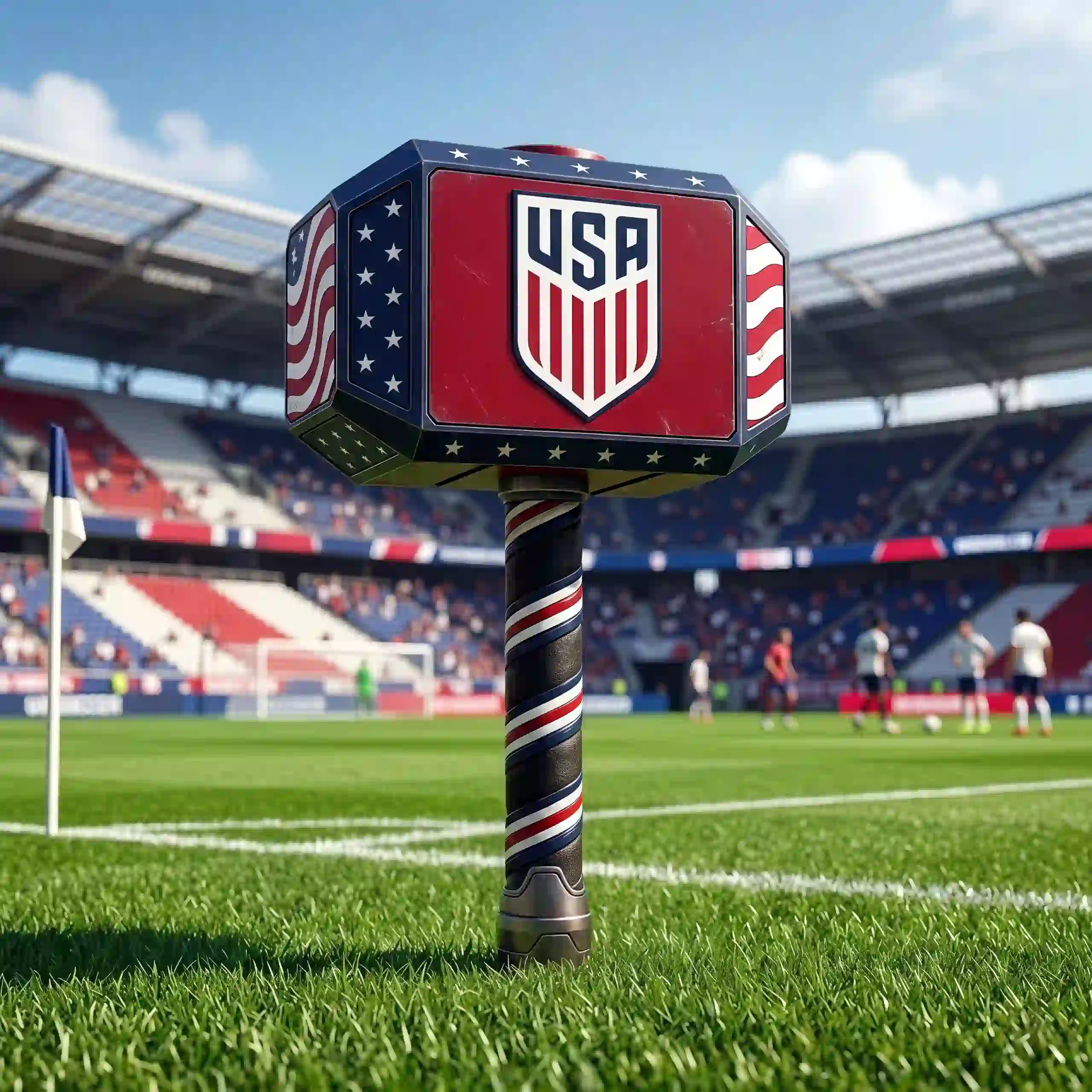 2026 World Cup National Hammer Cheer Loud for the Country You Suppor 7 A USA themed cheer hammer with red white and blue colors on a soccer field.