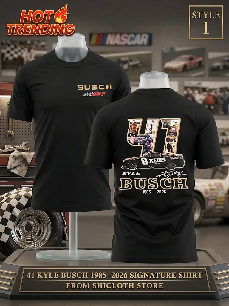 Front and back view of a black Kyle Busch NASCAR commemorative t-shirt with signature and racing photos.