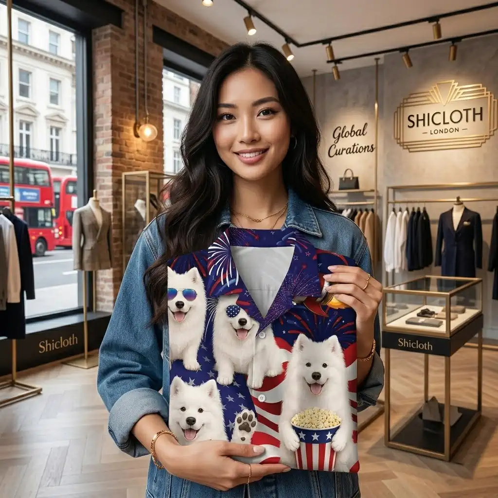 Woman holding a 4th of July Samoyed Hawaiian shirt in a Shicloth store