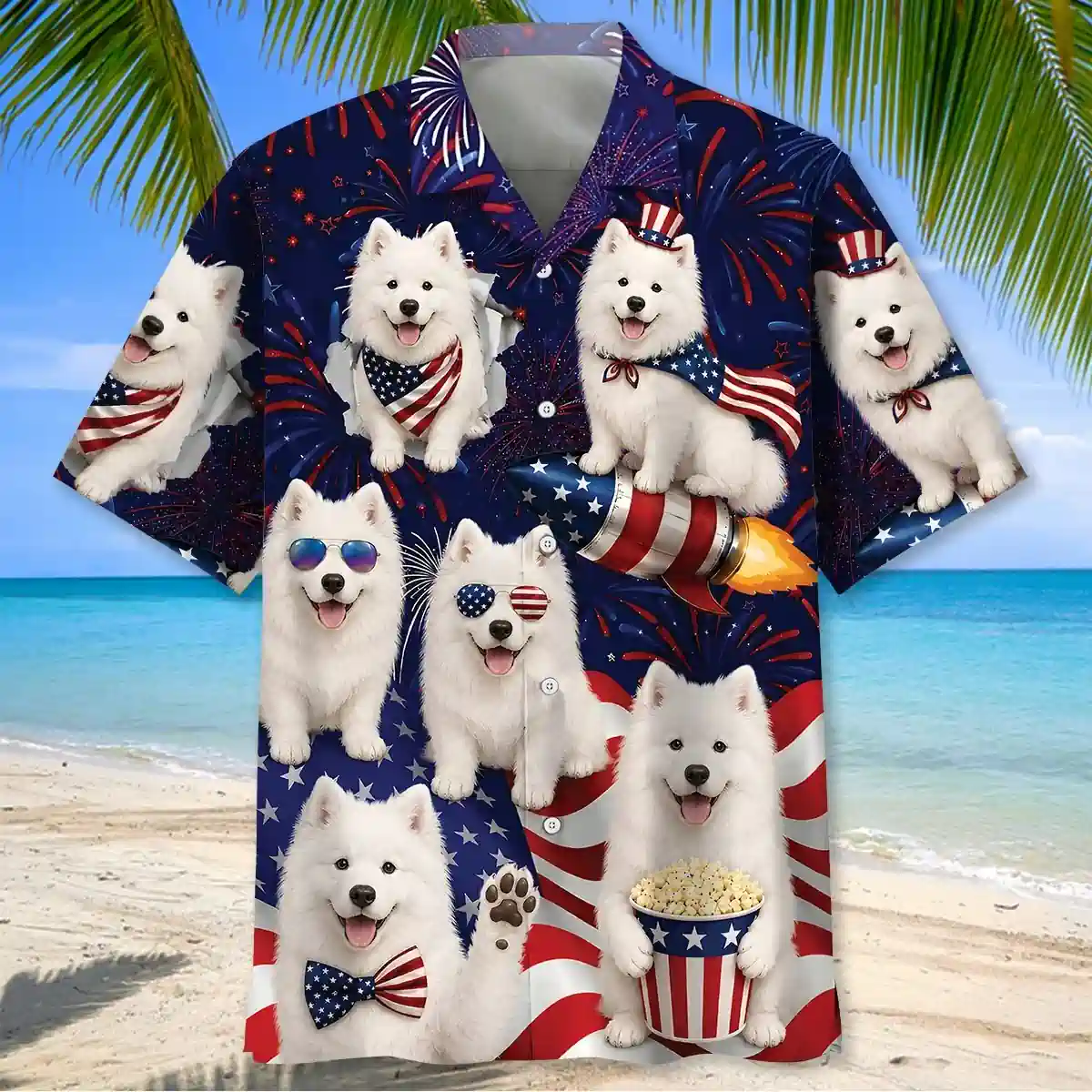 4th of July Samoyed Hawaiian shirt on a beach background