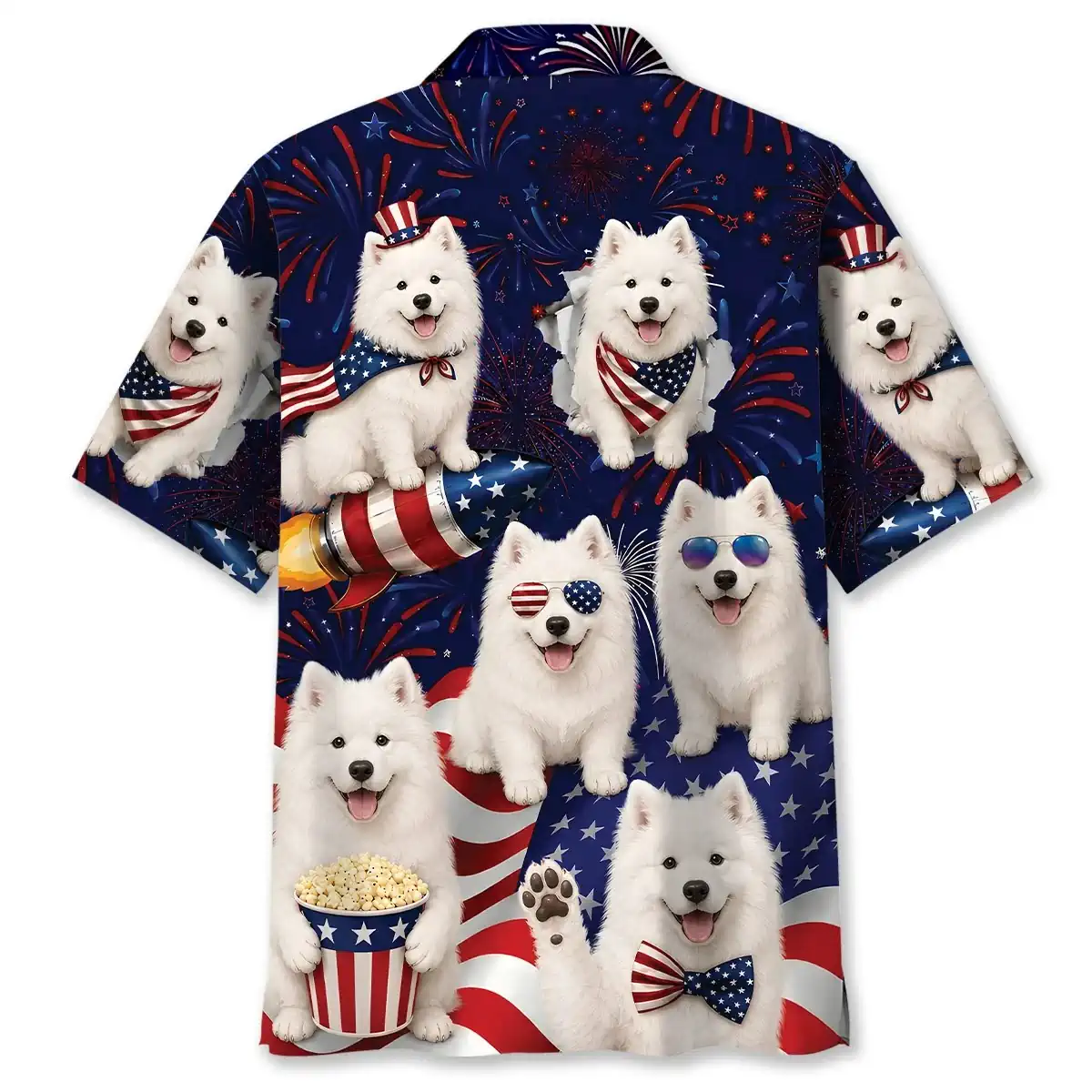 4th Of July Cute Samoyed Hawaiian Shirt 3 Back view of 4th of July Samoyed Hawaiian shirt showing Samoyed dog pattern