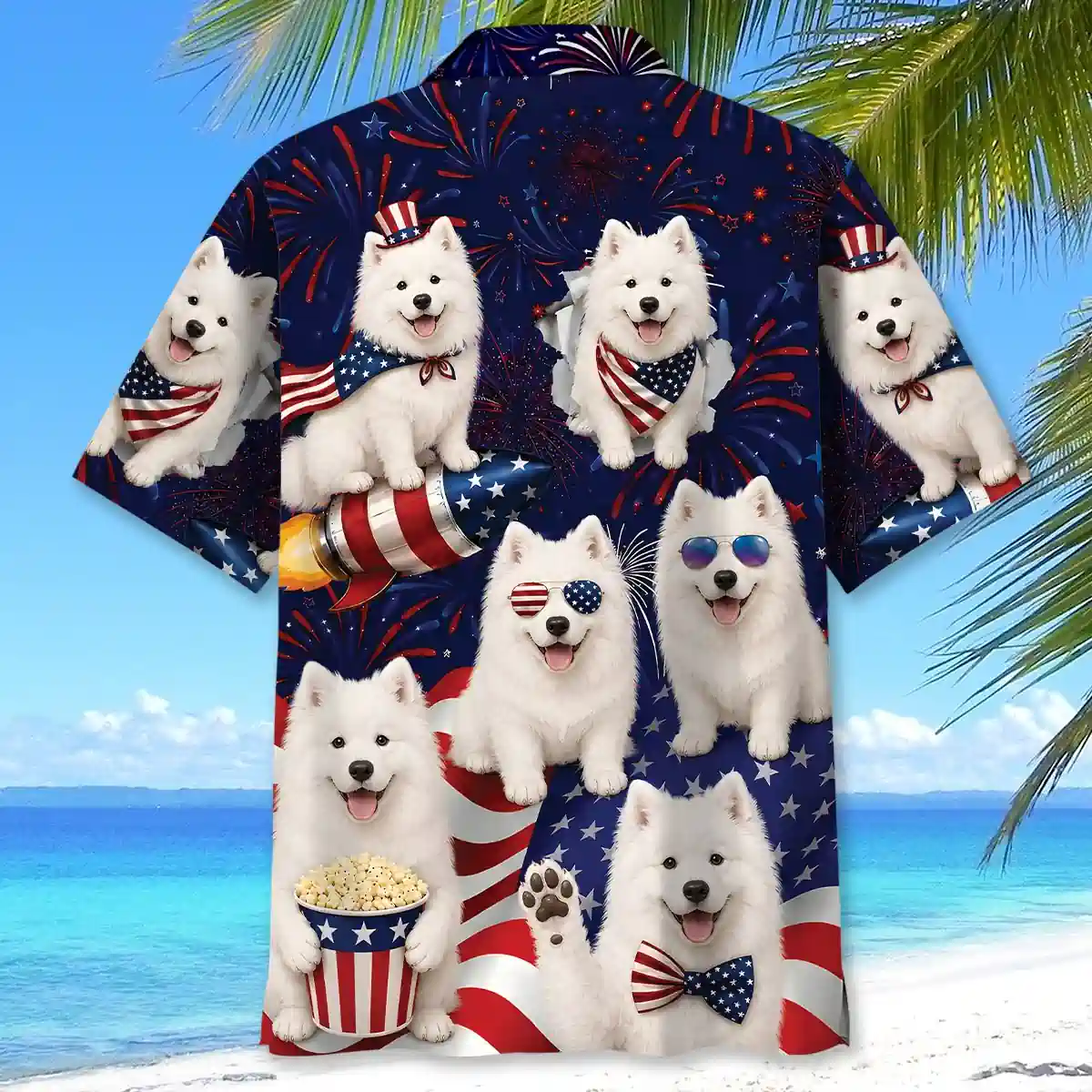 4th Of July Cute Samoyed Hawaiian Shirt 4 4th of July Samoyed Hawaiian shirt on a tropical beach background