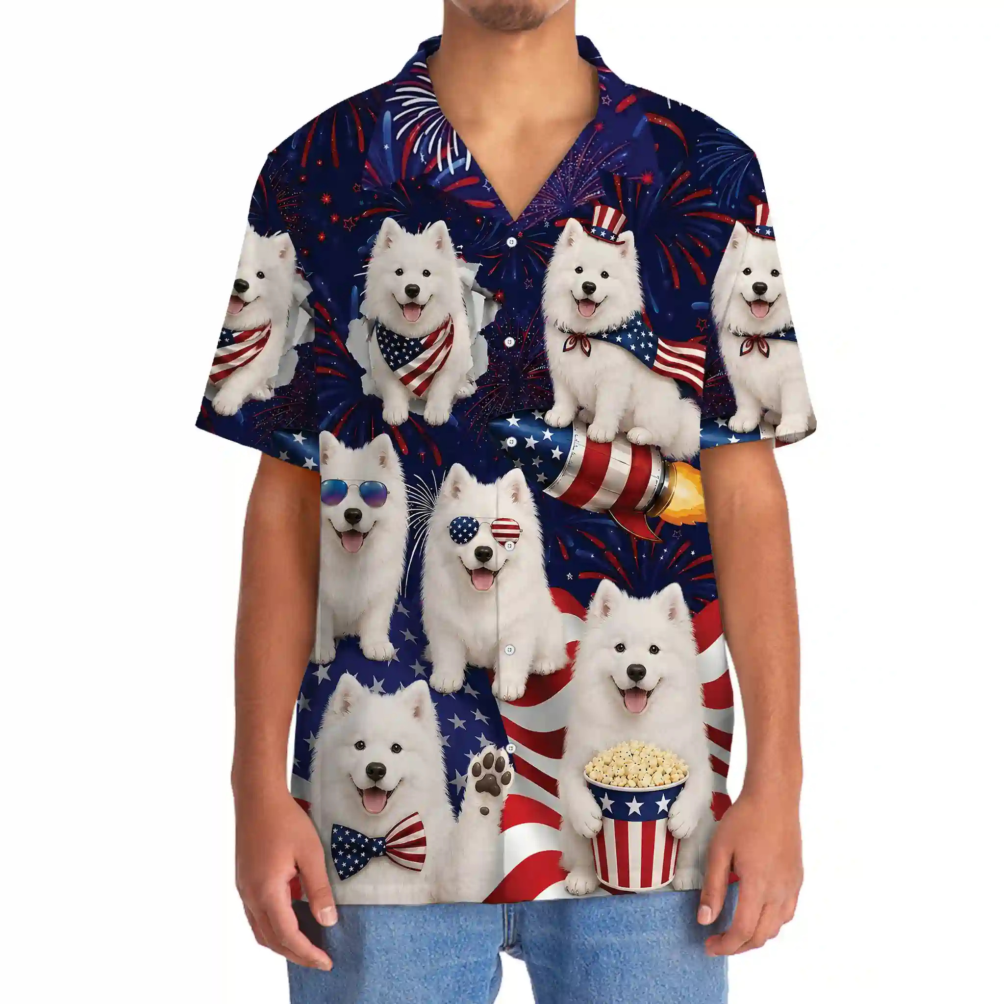 4th Of July Cute Samoyed Hawaiian Shirt 5 Front view of 4th of July Samoyed Hawaiian shirt worn by a person
