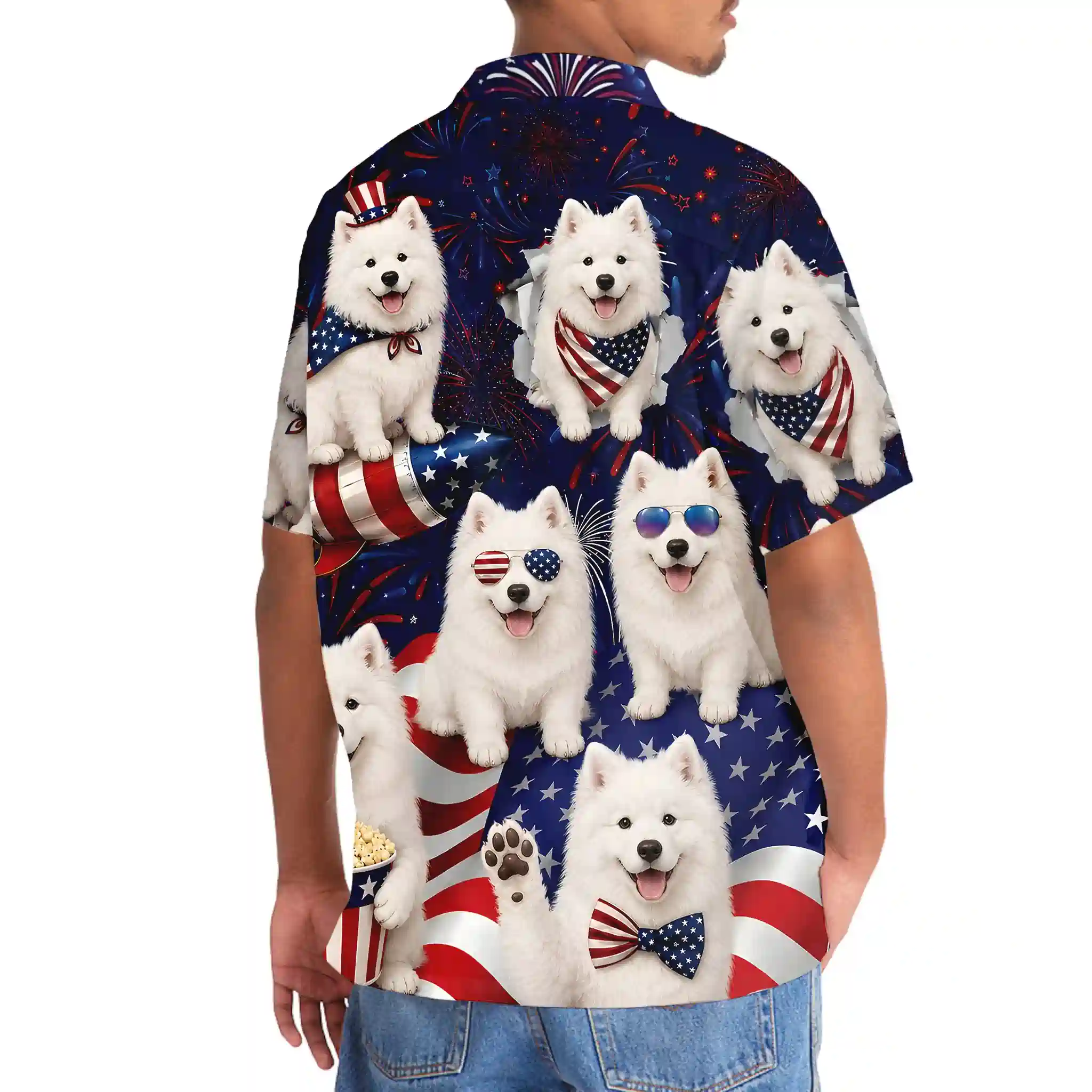 4th Of July Cute Samoyed Hawaiian Shirt 6 Back view of 4th of July Samoyed Hawaiian shirt worn by a person