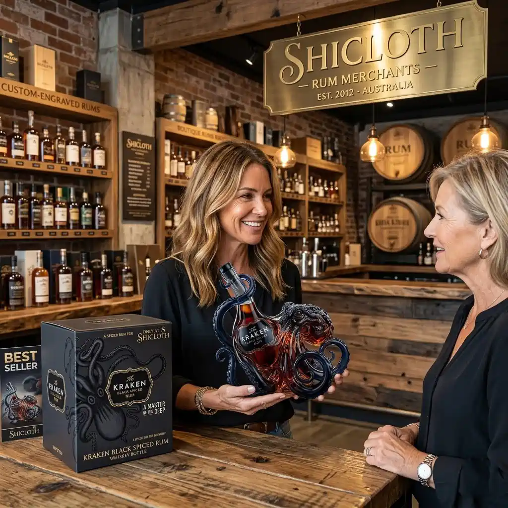 Woman presenting Kraken octopus rum bottle inside Shicloth rum shop!