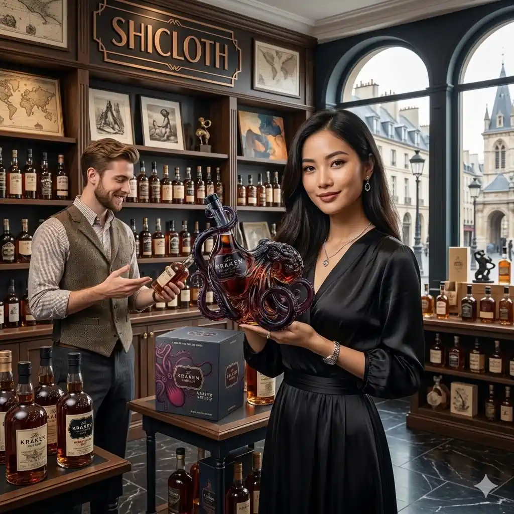 Woman holding Kraken octopus rum bottle inside Shicloth liquor store!