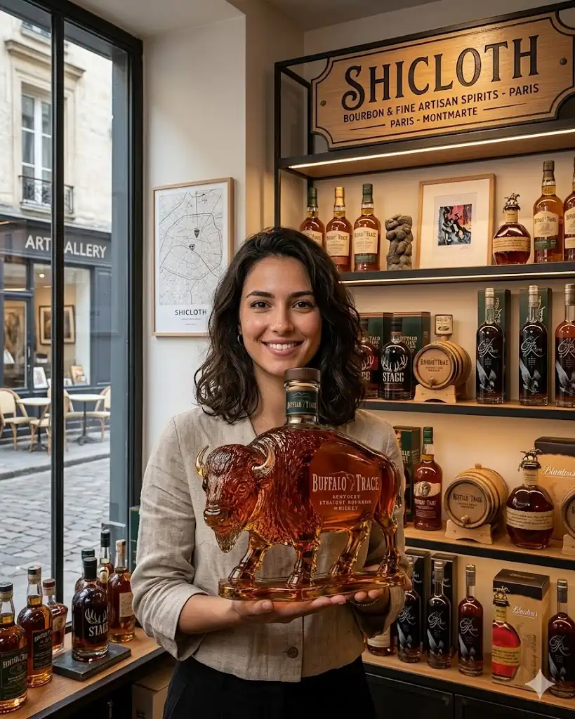 Woman holding Buffalo Trace buffalo shaped whiskey bottle inside Shicloth store!