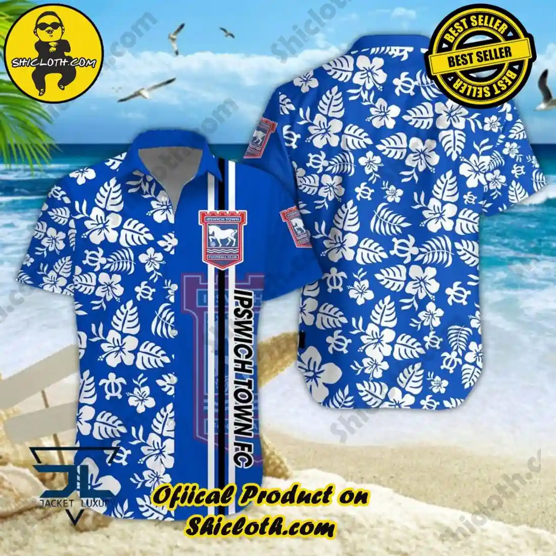 Front and back view of a blue floral football shirt displayed on a beach!