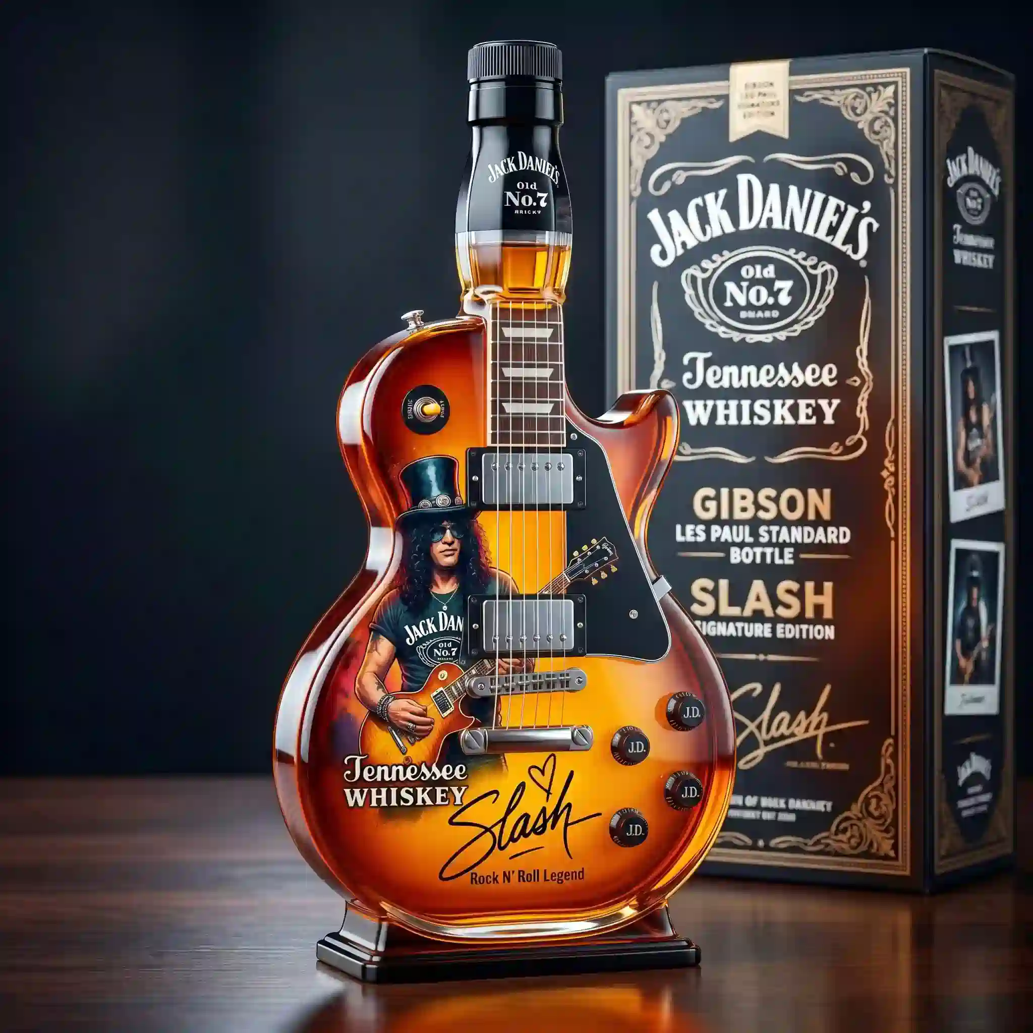 NEW Jack Daniel’s Slash Signature Electric Guitar Whiskey Bottle 4 Jack Daniel's Tennessee Whiskey Gibson Les Paul Slash Signature Edition bottle on display