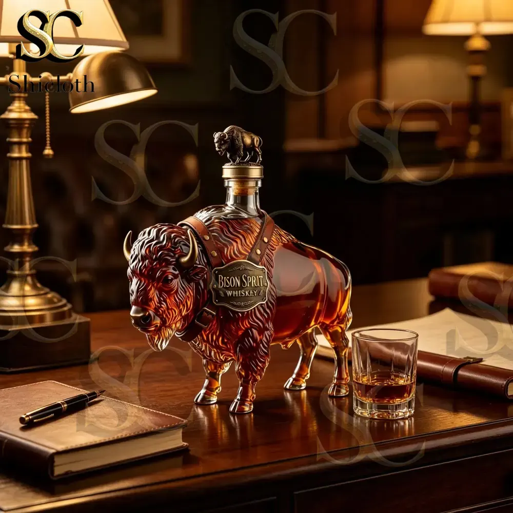 A Bold Statement in Every Sip Bison Spirit Whiskey 3 Bison shaped whiskey bottle on a luxury wooden desk!