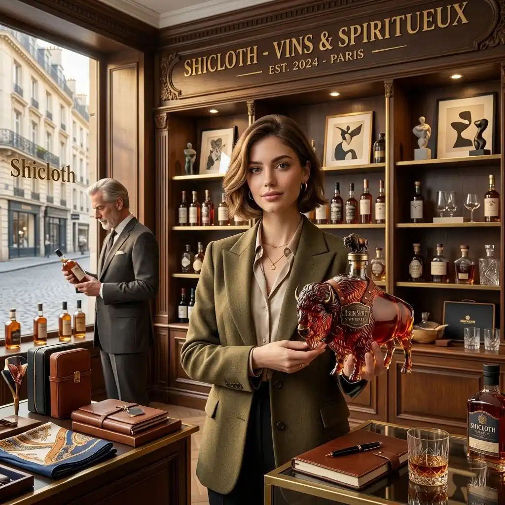 Woman holding bison whiskey bottle inside Shicloth store!