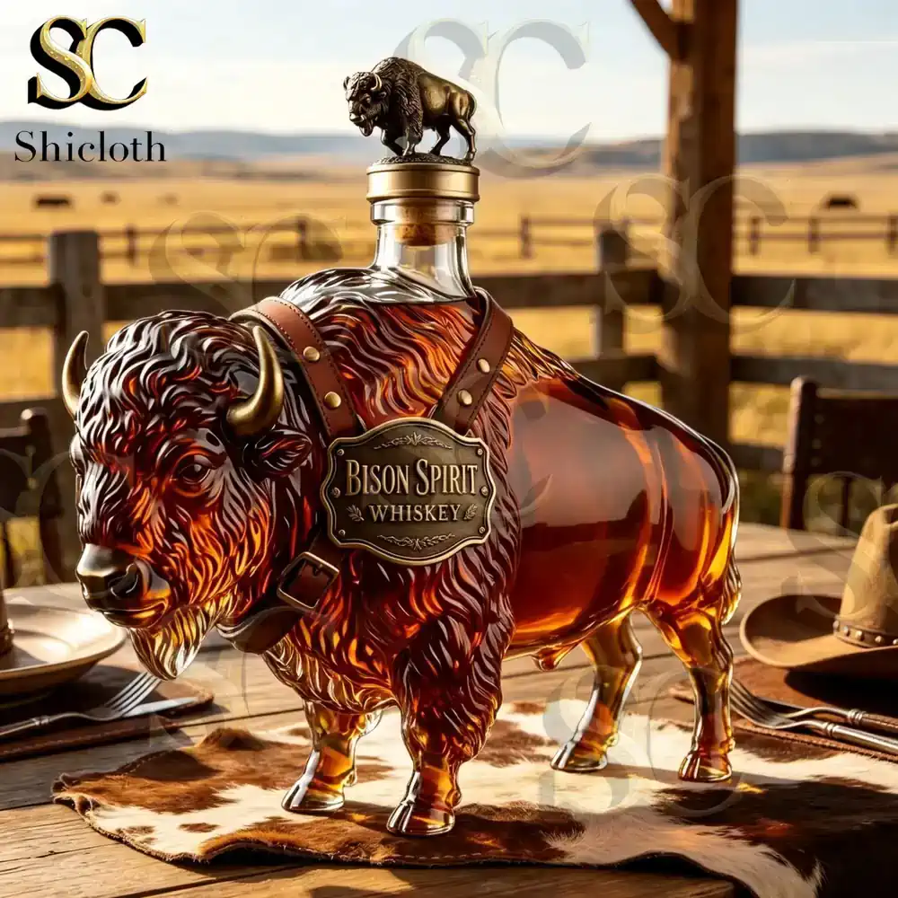 A Bold Statement in Every Sip Bison Spirit Whiskey 4 Bison whiskey bottle in a western countryside setting!