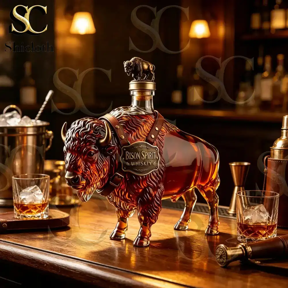 A Bold Statement in Every Sip Bison Spirit Whiskey 5 Bison whiskey bottle displayed on a luxury bar counter!