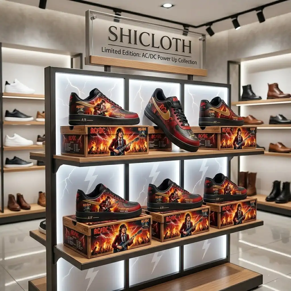 Display shelves featuring SHICLOTH limited edition AC/DC Power Up collection sneakers.