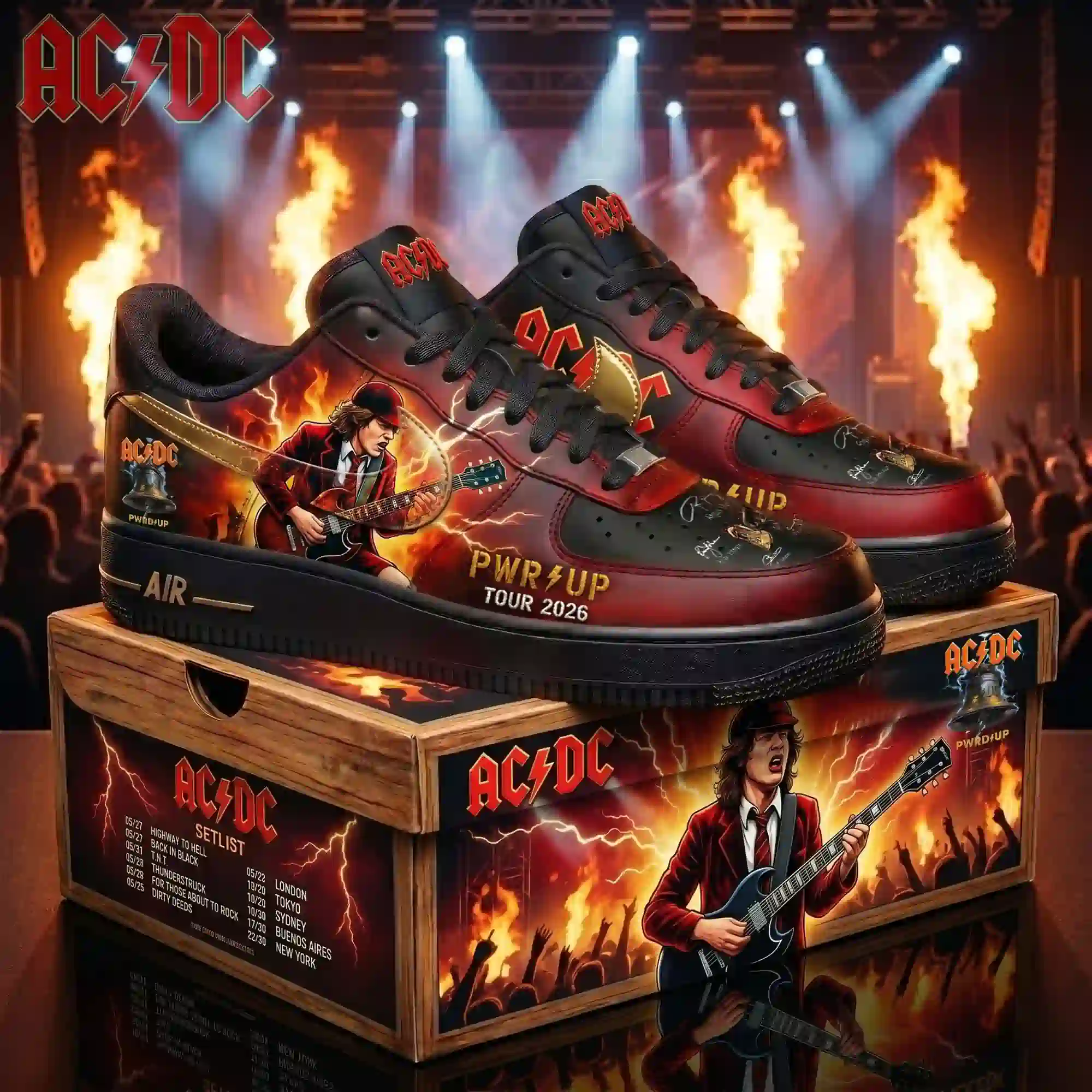 Custom AC/DC PWR UP tour sneakers on a branded display box