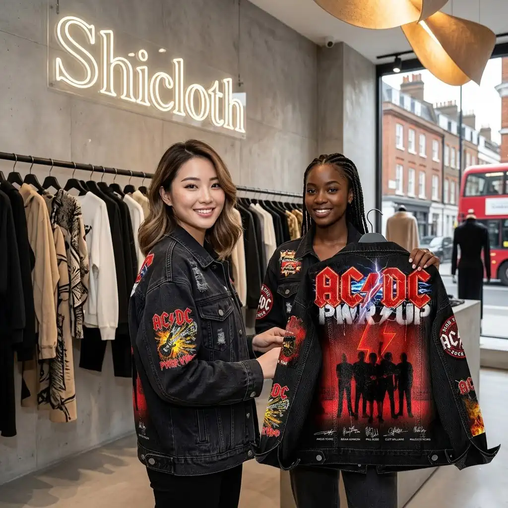 Two women presenting a custom AC/DC band denim jacket inside a boutique.