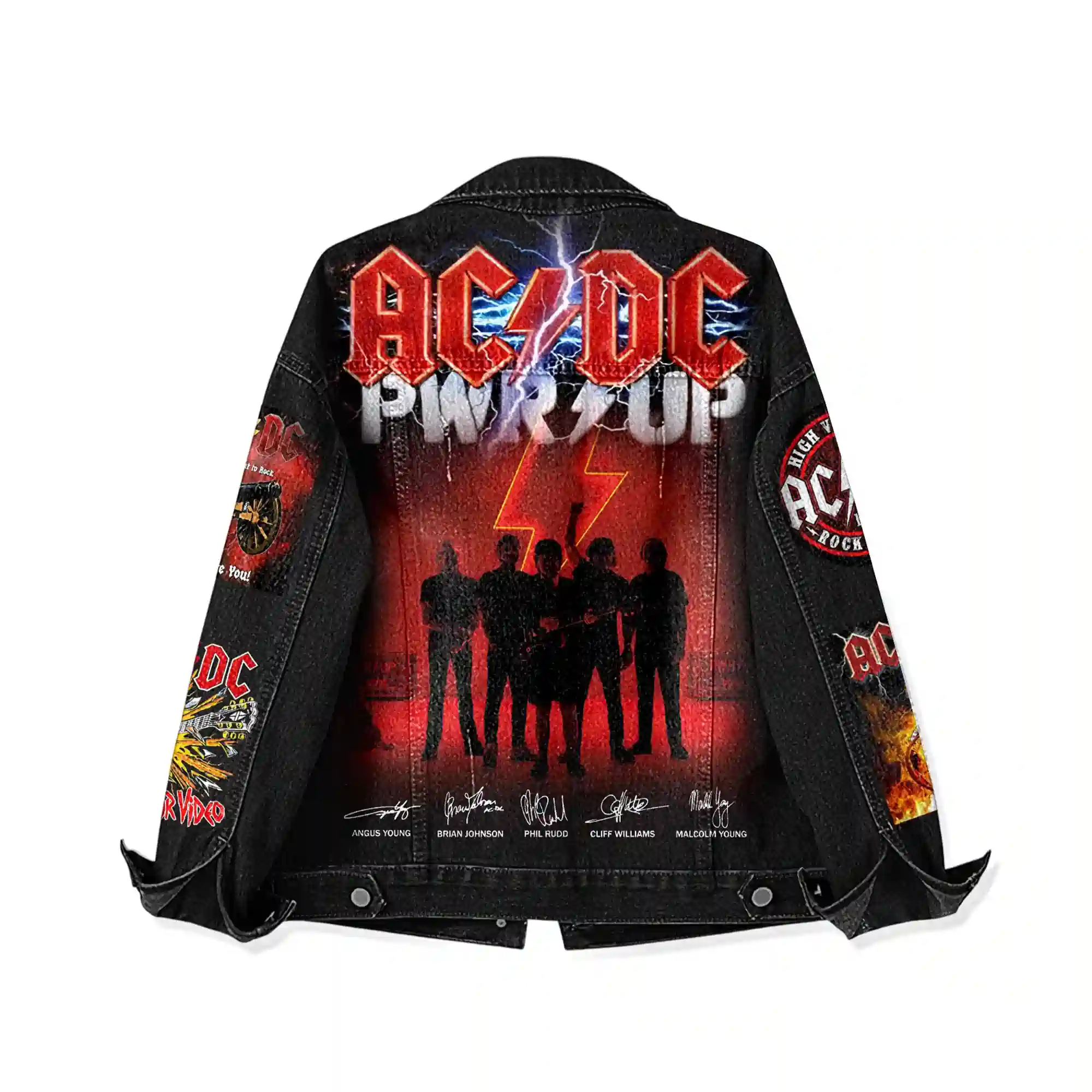 Black denim jacket featuring AC/DC Power Up album art and band signatures