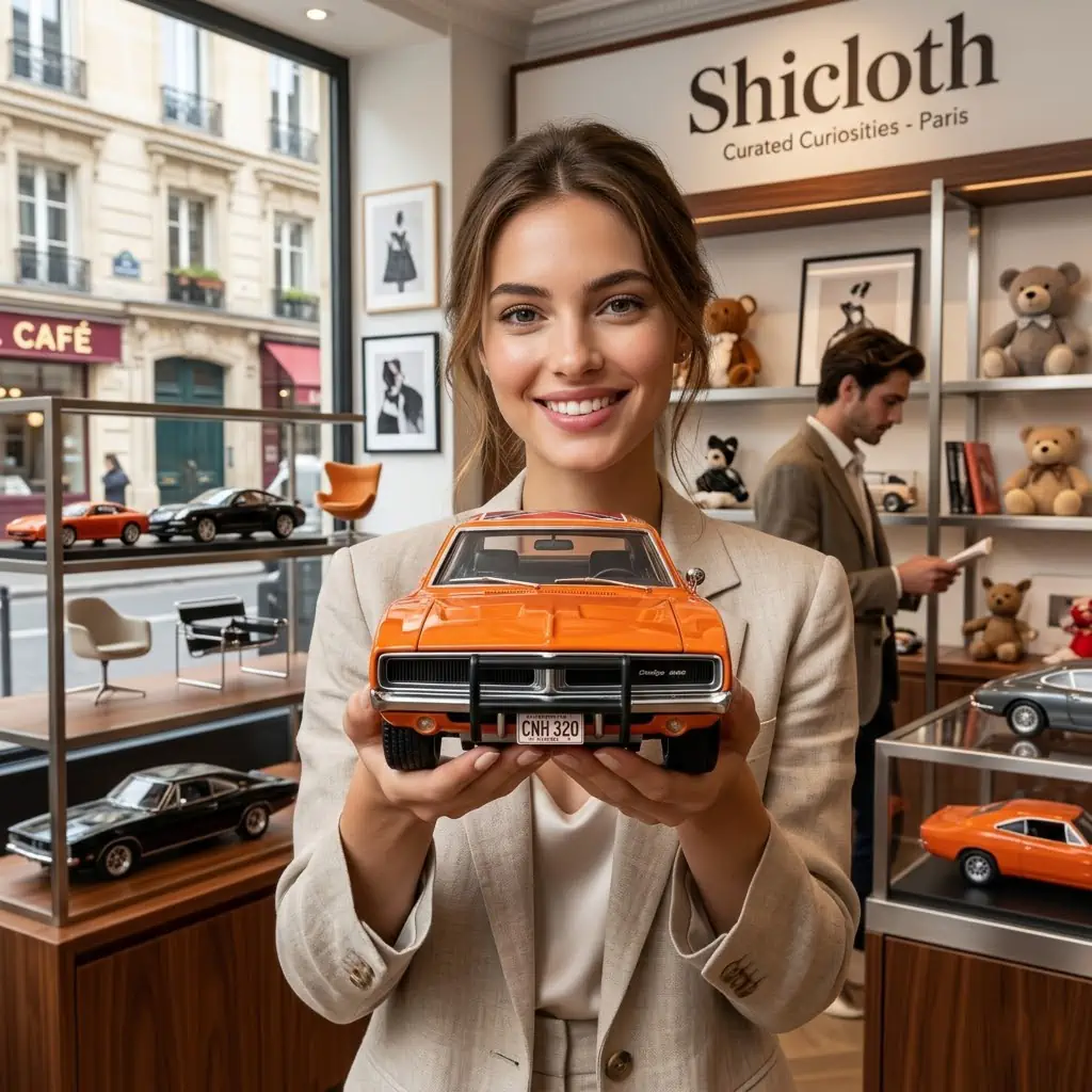Woman holding orange Dodge Charger collectible car inside Shicloth Paris store!