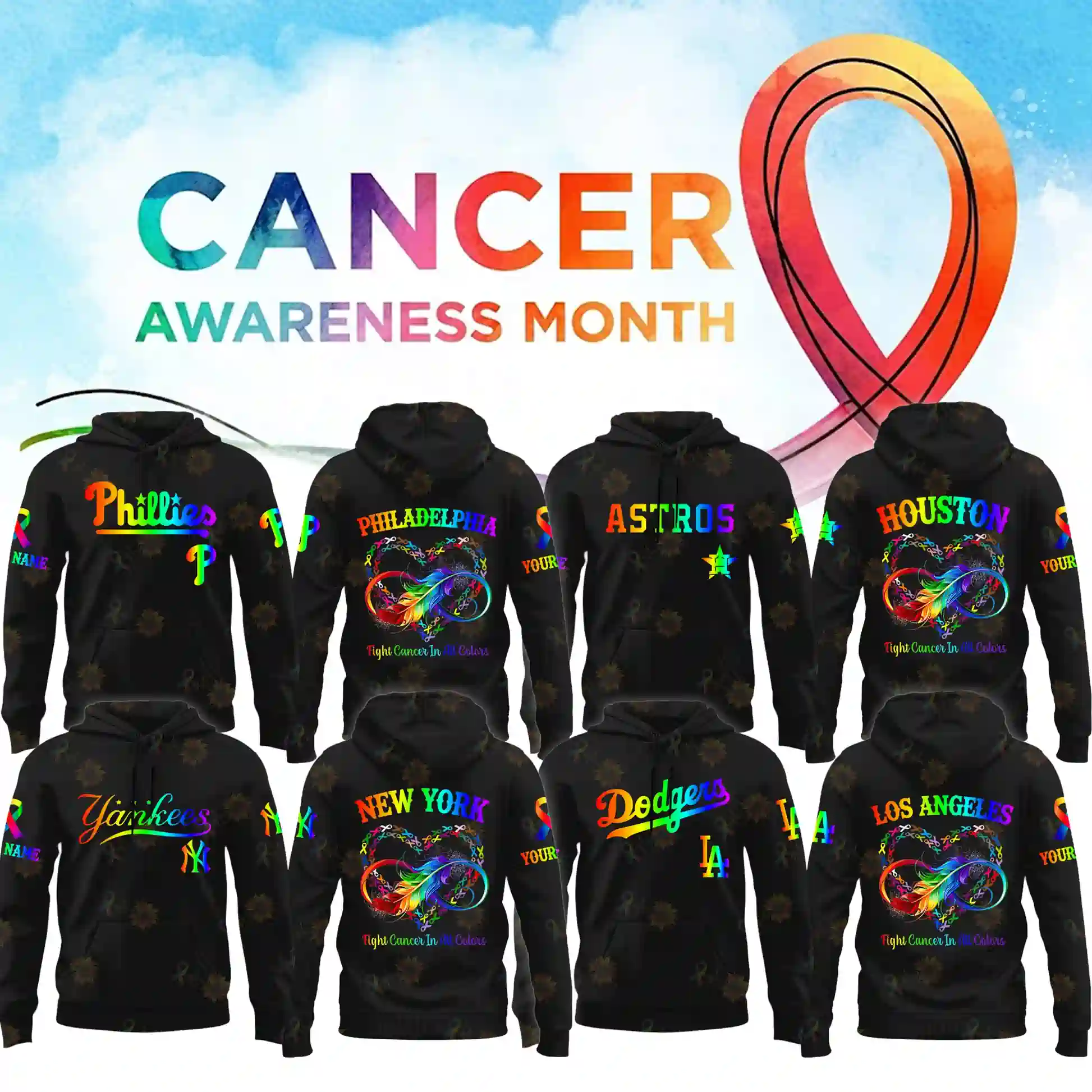 Collection of black hoodies for different MLB teams with Cancer Awareness Month designs!