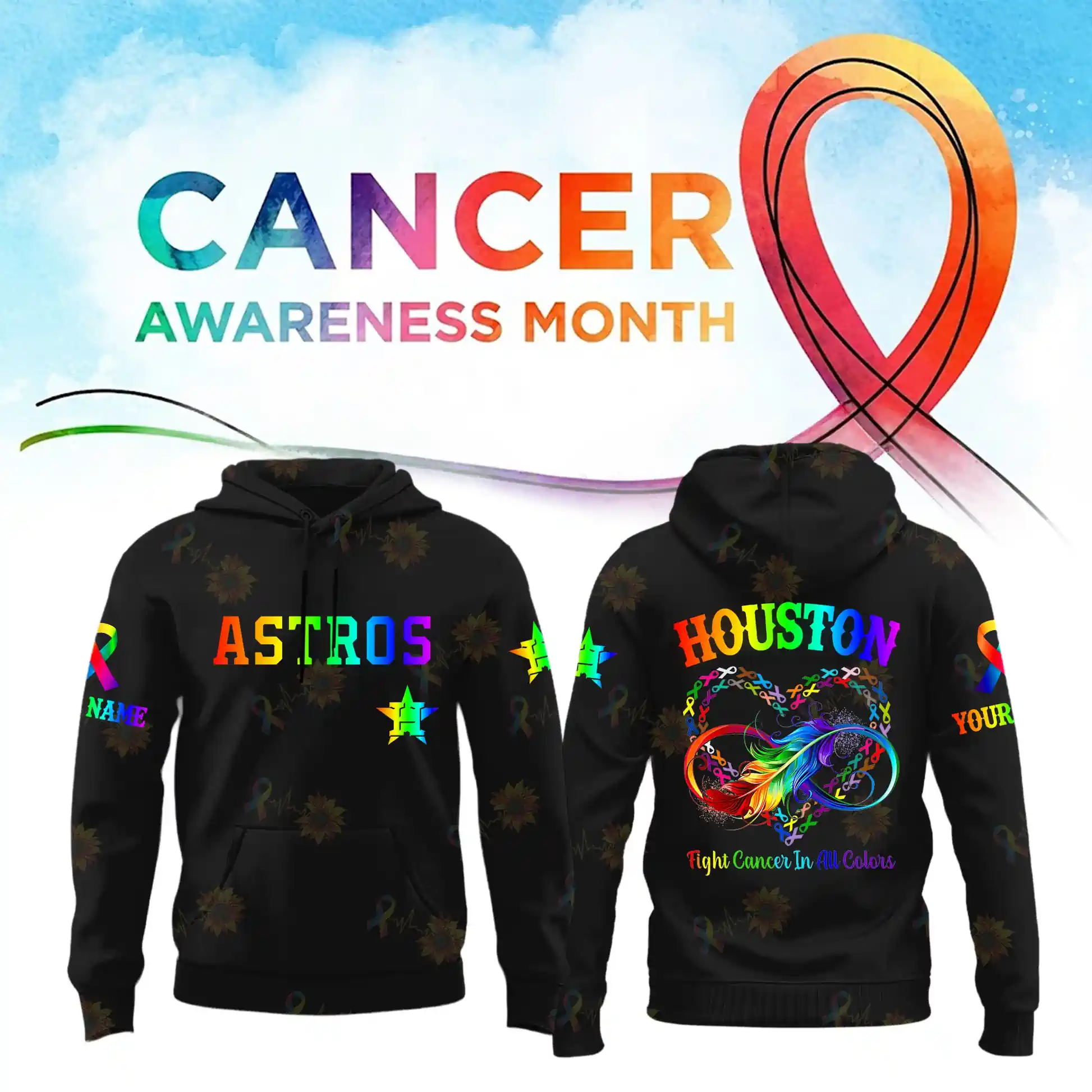 All MLB Teams x Cancer Awareness Month Personalized Special Edition Hoodie 5 Black Astros and Houston hoodies featuring rainbow Cancer Awareness Month designs!
