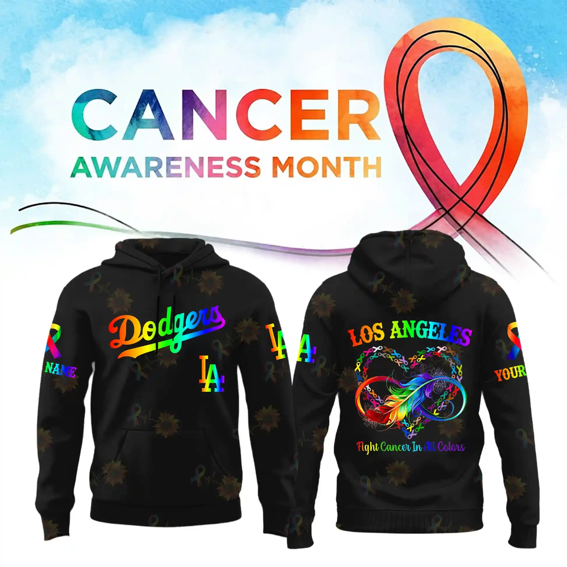 All MLB Teams x Cancer Awareness Month Personalized Special Edition Hoodie 7 Black Phillies and Philadelphia hoodies featuring rainbow Cancer Awareness Month designs!