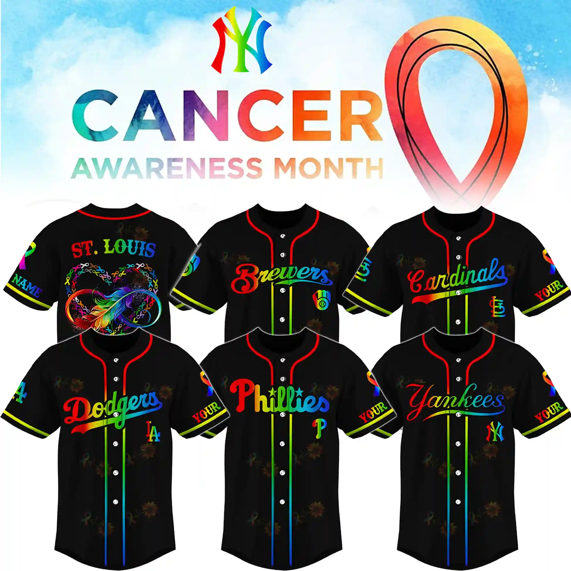 A woman is presenting a black Los Angeles Dodgers personalized cancer awareness jersey inside Shicloth boutique. The jersey features rainbow-colored text and ribbons for cancer awareness. The Eiffel Tower is visible through the window in the background