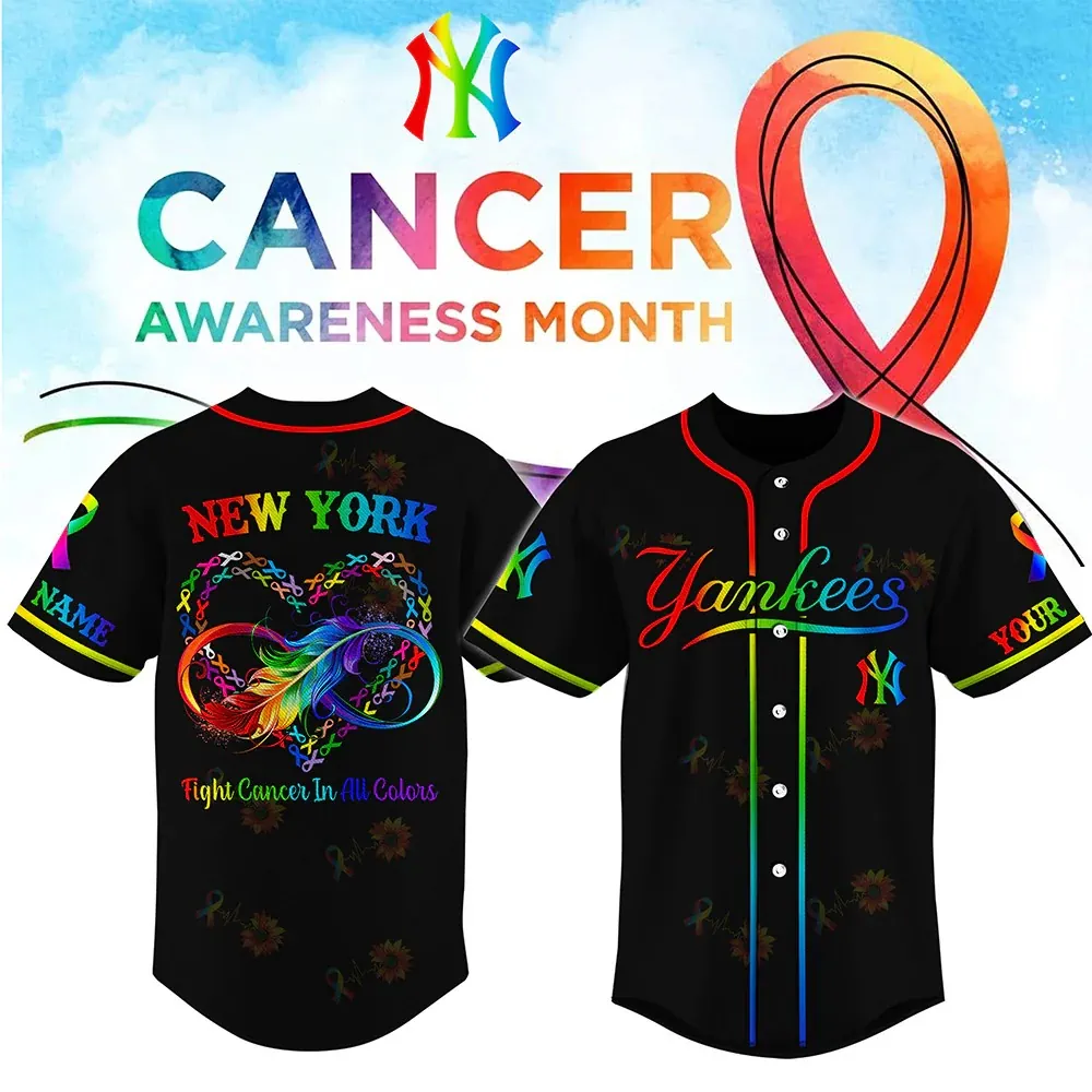 All MLB Teams x Cancer Awareness Month Personalized Special Edition Jersey 3 A layout of black MLB jerseys from teams including Dodgers, Brewers, Cardinals, Phillies, and Yankees. Each jersey has rainbow-colored text and cancer awareness ribbons. Back designs feature a heart and infinity symbol with colorful feathers