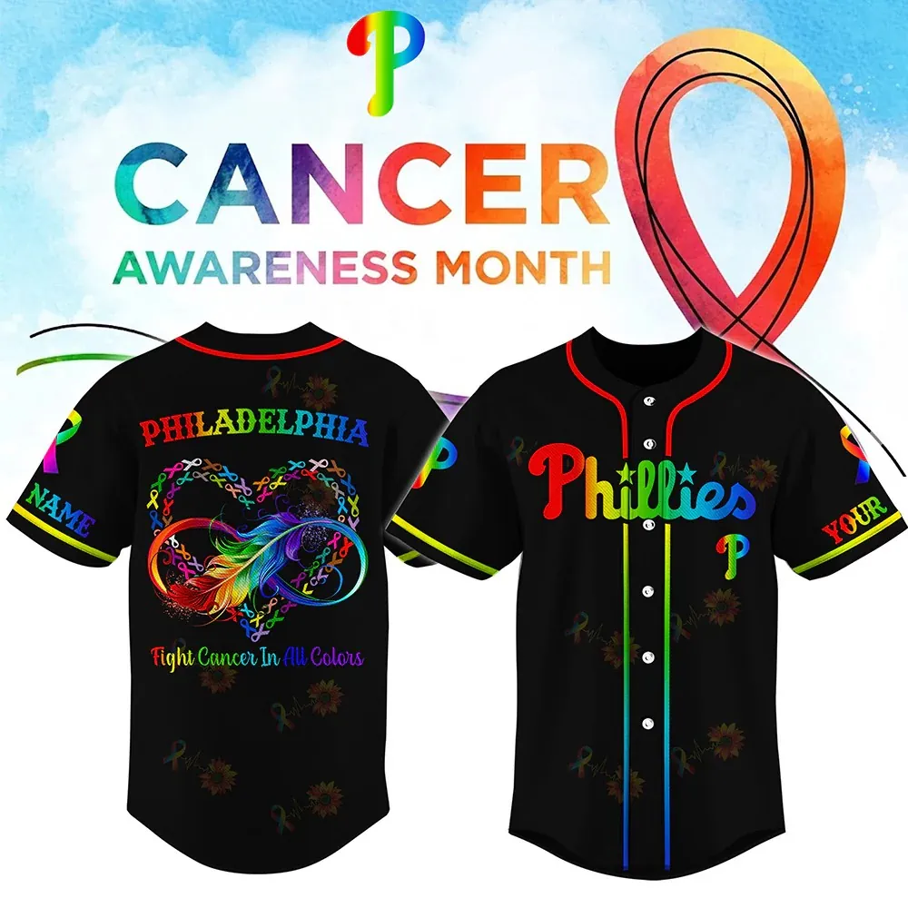 All MLB Teams x Cancer Awareness Month Personalized Special Edition Jersey 4 Front view of black MLB jerseys for Dodgers, Phillies, and Yankees. Each features rainbow-colored team names, buttons, and sleeve accents with cancer awareness themes