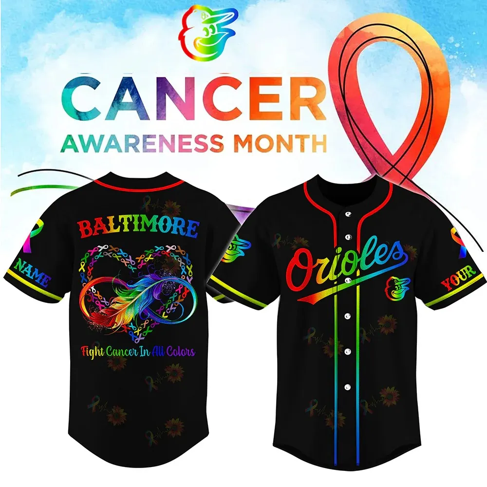 All MLB Teams x Cancer Awareness Month Personalized Special Edition Jersey 5 Black New York Yankees jersey showing front and back designs. Rainbow-colored text and ribbons promote cancer awareness. The back displays an infinity heart with colorful feathers