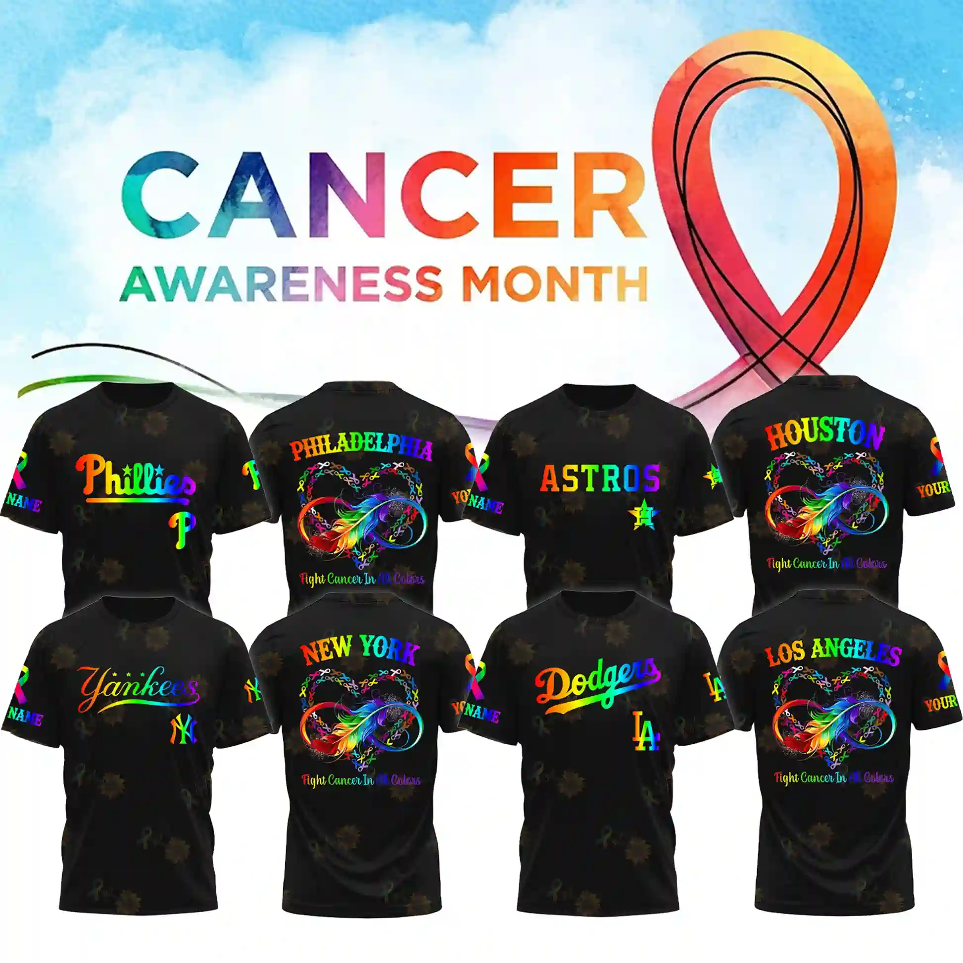 Collection of MLB team black t-shirts for Cancer Awareness Month in rainbow colors