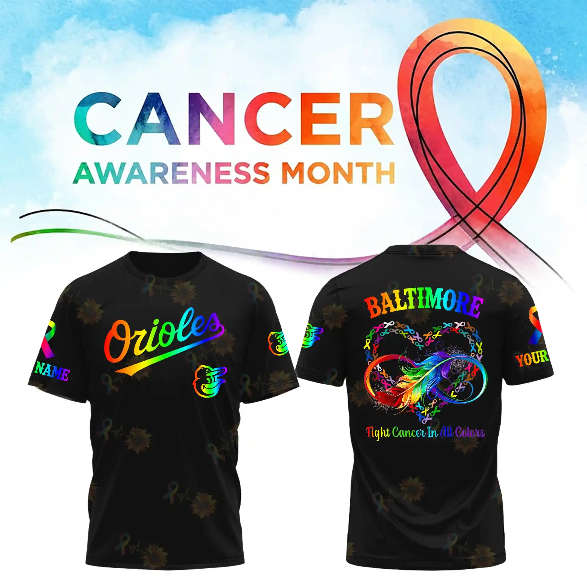 All MLB Teams x Cancer Awareness Month Personalized Special Edition Tshirt 4 This close-up shows black t-shirts for the Orioles and Baltimore MLB teams featuring rainbow text and Cancer Awareness Month graphics. Part of Shicloth's personalized special edition collection.