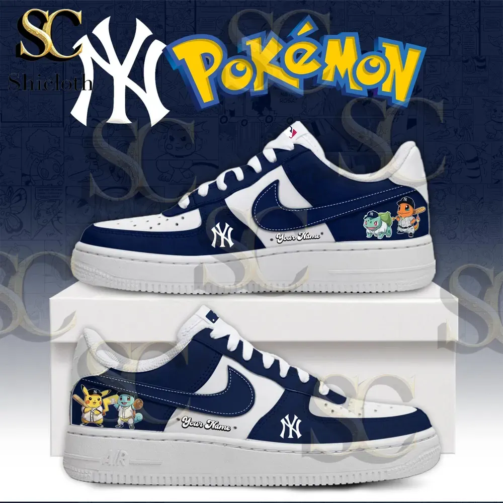 New York Yankees Pokemon themed blue and white custom sneakers with Pikachu Squirtle Charmander and Bulbasaur!