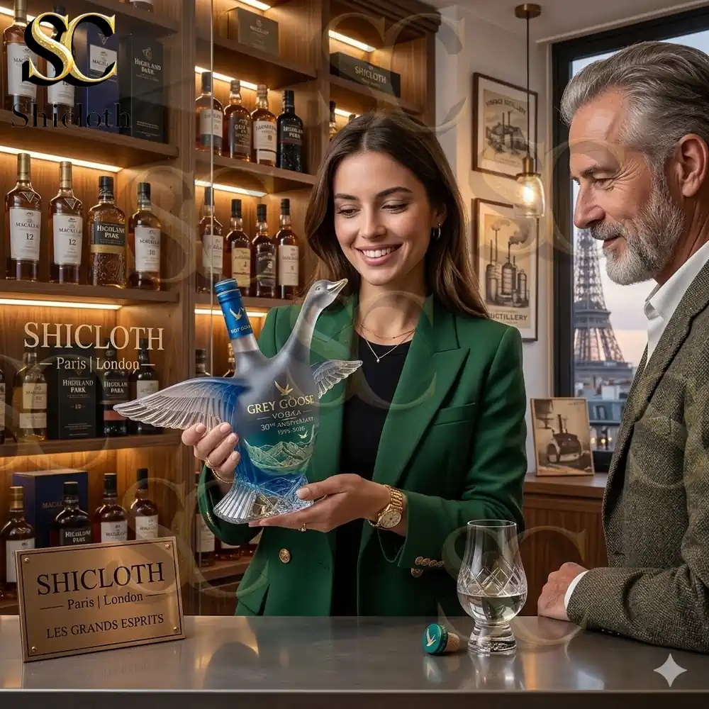 Woman presenting Grey Goose anniversary bird bottle inside Shicloth spirits boutique!